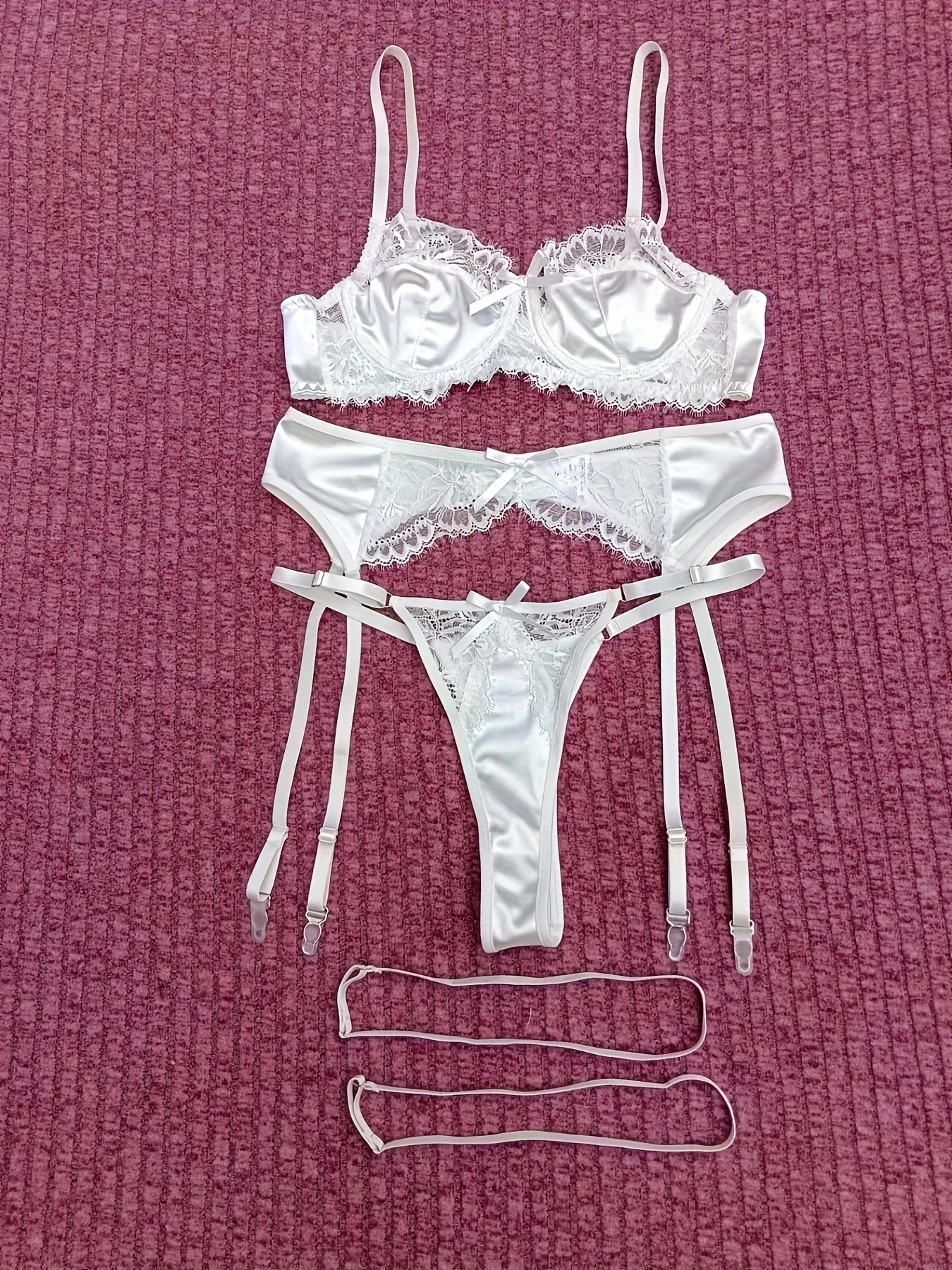 Solid Satin Lingerie Set, Cut Out Intimates Bra & Garter Belt & Thong,  Women's Sexy Lingerie & Underwear