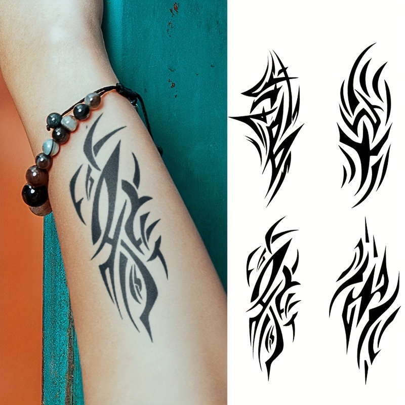 Image of 4pcs Geometric Mechanical Totem Herbal Temporary Tattoo Stickers, Waterproof Semi-permanent Simulation Men And Women Arm Tattoos Fake Tattoos