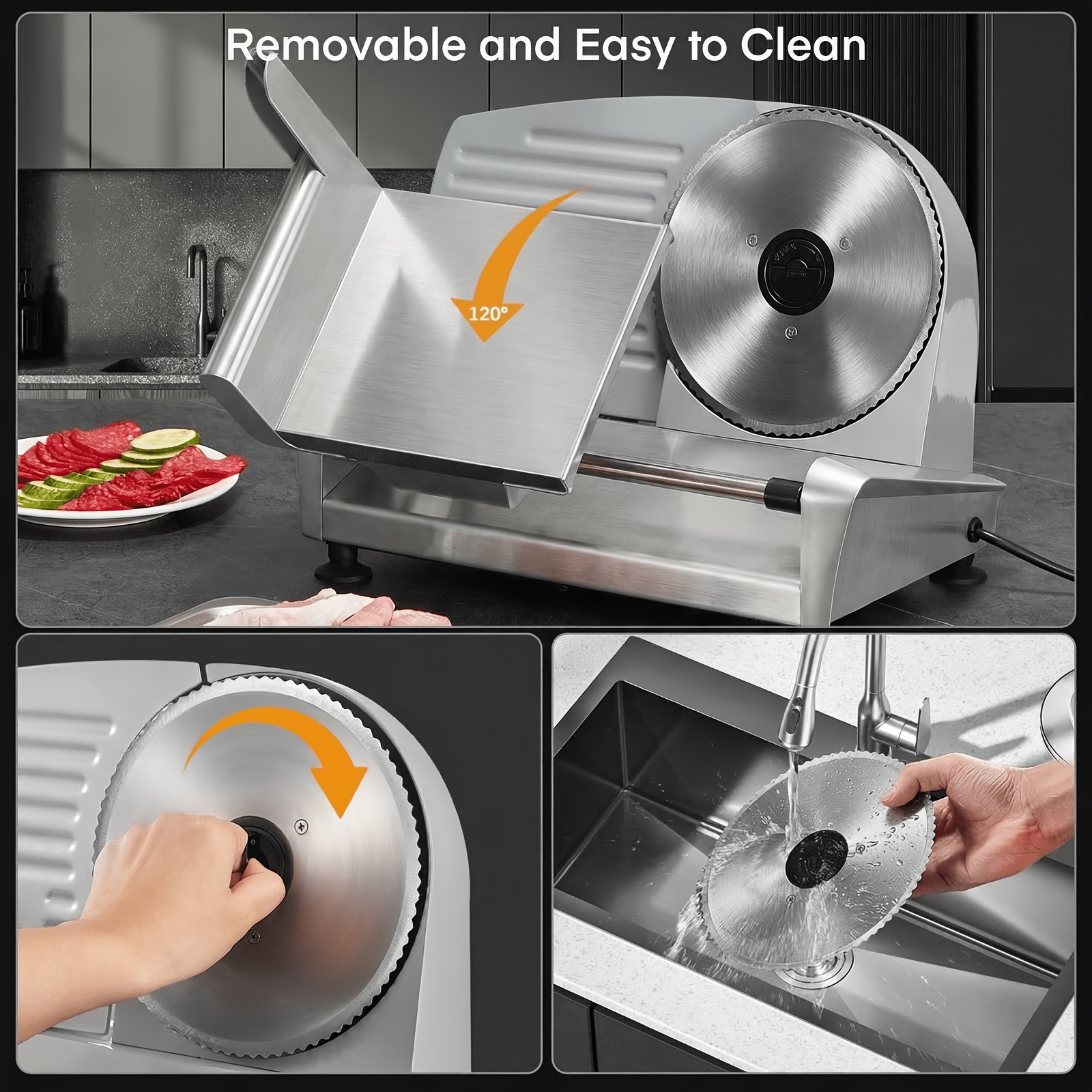 250W Electric Food Slicer For Home, Stainless Steel Meat Cutter With 3 Blades & 0-15mm Adjustable Thickness - Perfect For Deli Meat, Bread, Cheese, Fruit & Vegetable