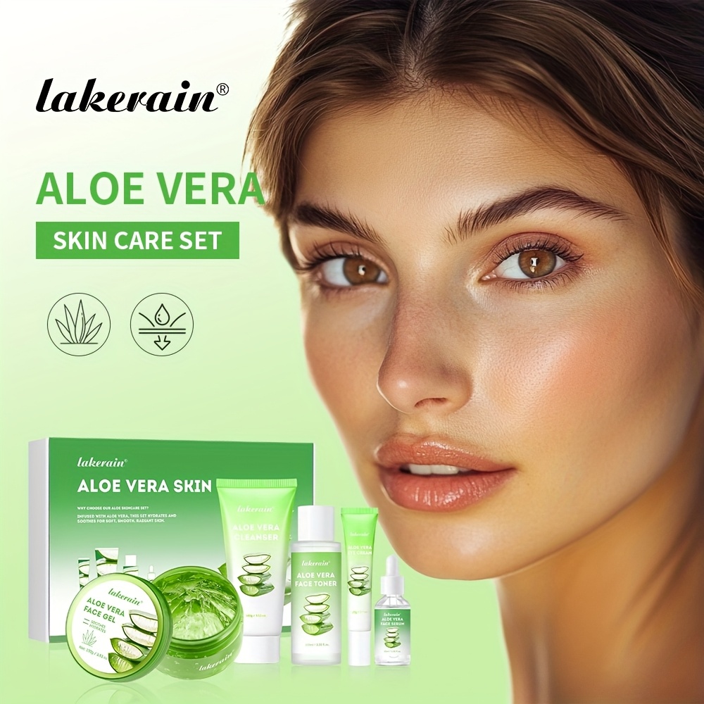 Lakerain Aloe Vera Set * 5-teiliges Tagespflege-Set mit natrlichen Aloe  Vera-Zutaten, erfrischend, feuchtigkeitsspendend und nicht fettend