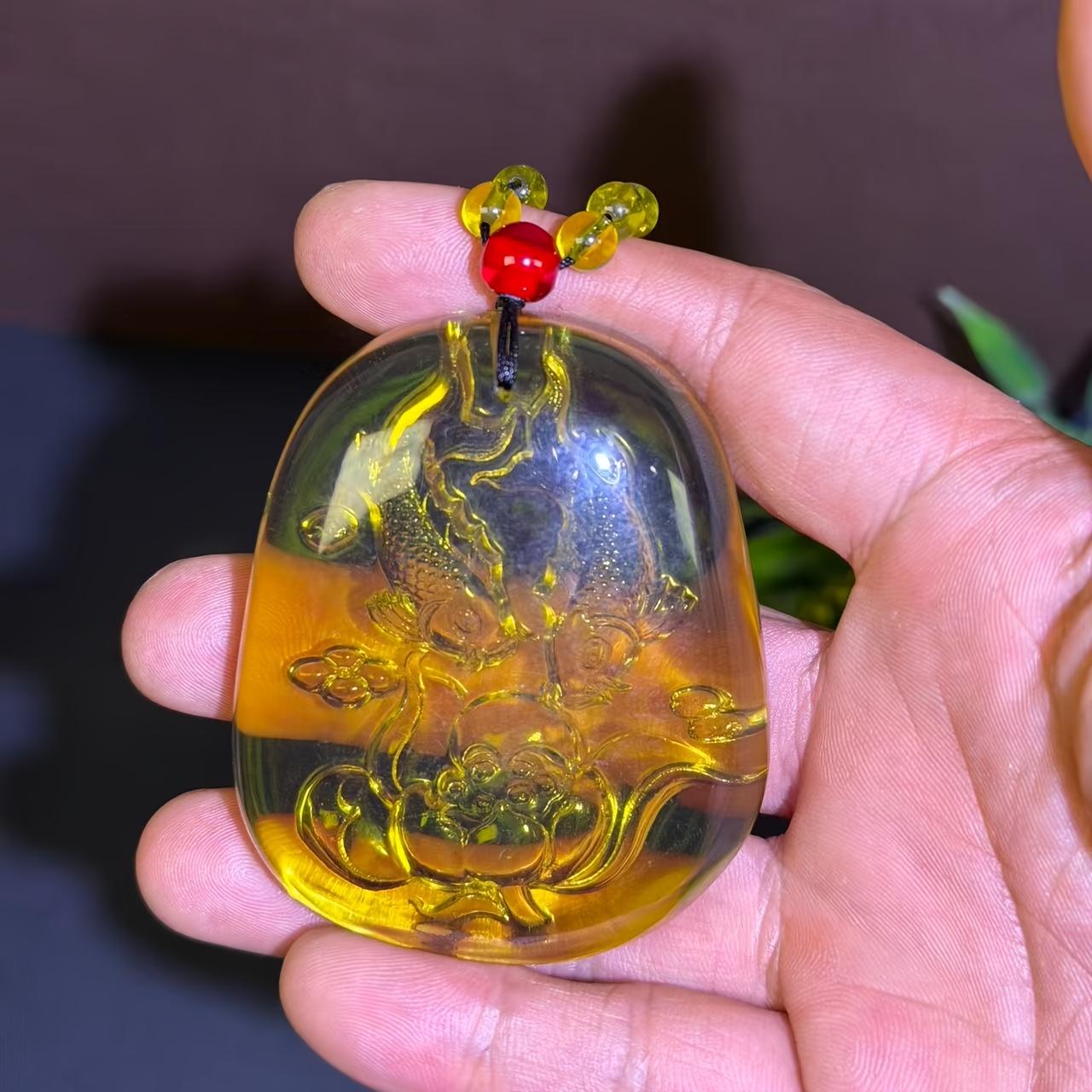 Amber Pendant Necklace with Pisces Engraving