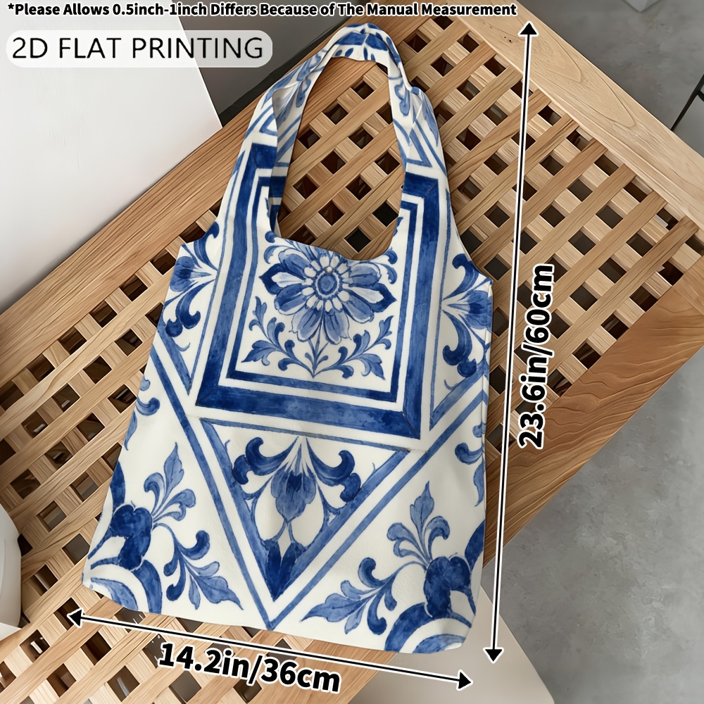 TEMU 1pc Tote Bag, Blue And White Floral Tile Pattern Open Top Durable Shopping Bag, Aesthetic Tote Bag, Bags For Women, Bag Organizer, Bag For Gifts
