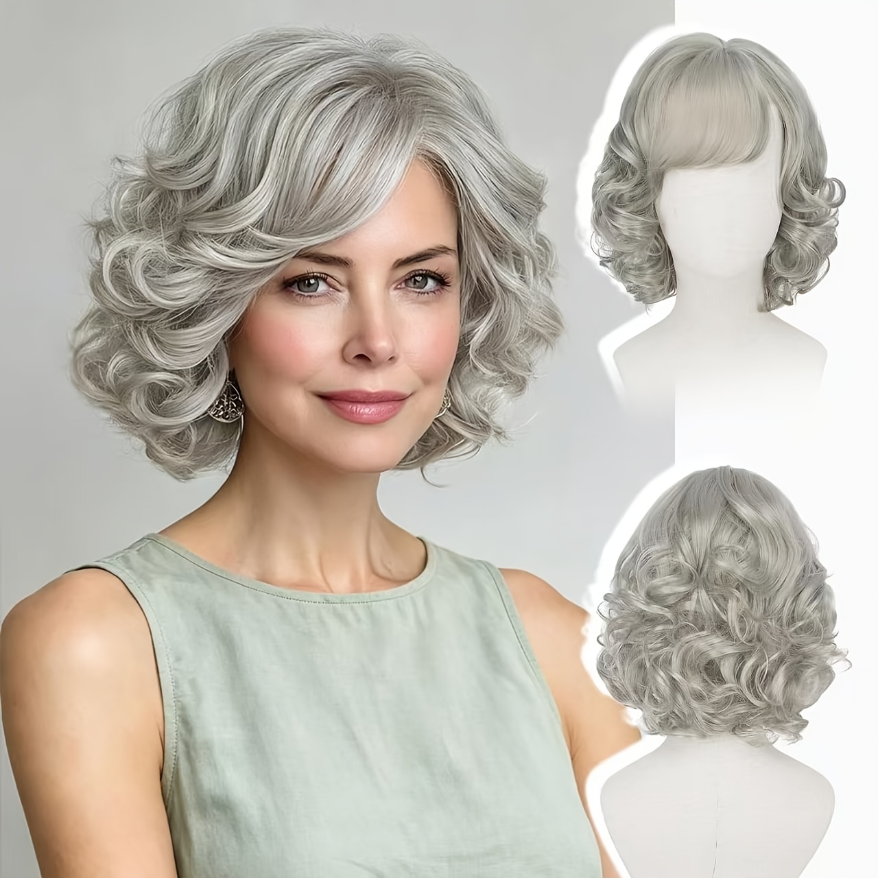 item picture short curly silvery white synthetic wig with brown bangs natural everyday wig for halloween christmas holiday parties and elderly dress up