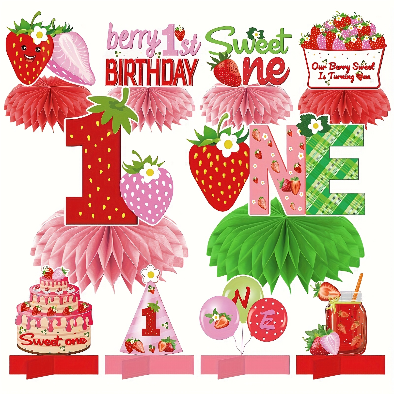 

10pcs, Paper Strawberry Theme Birthday Party Table Center Decoration, Suitable For Strawberry Theme First Birthday Party Decoration