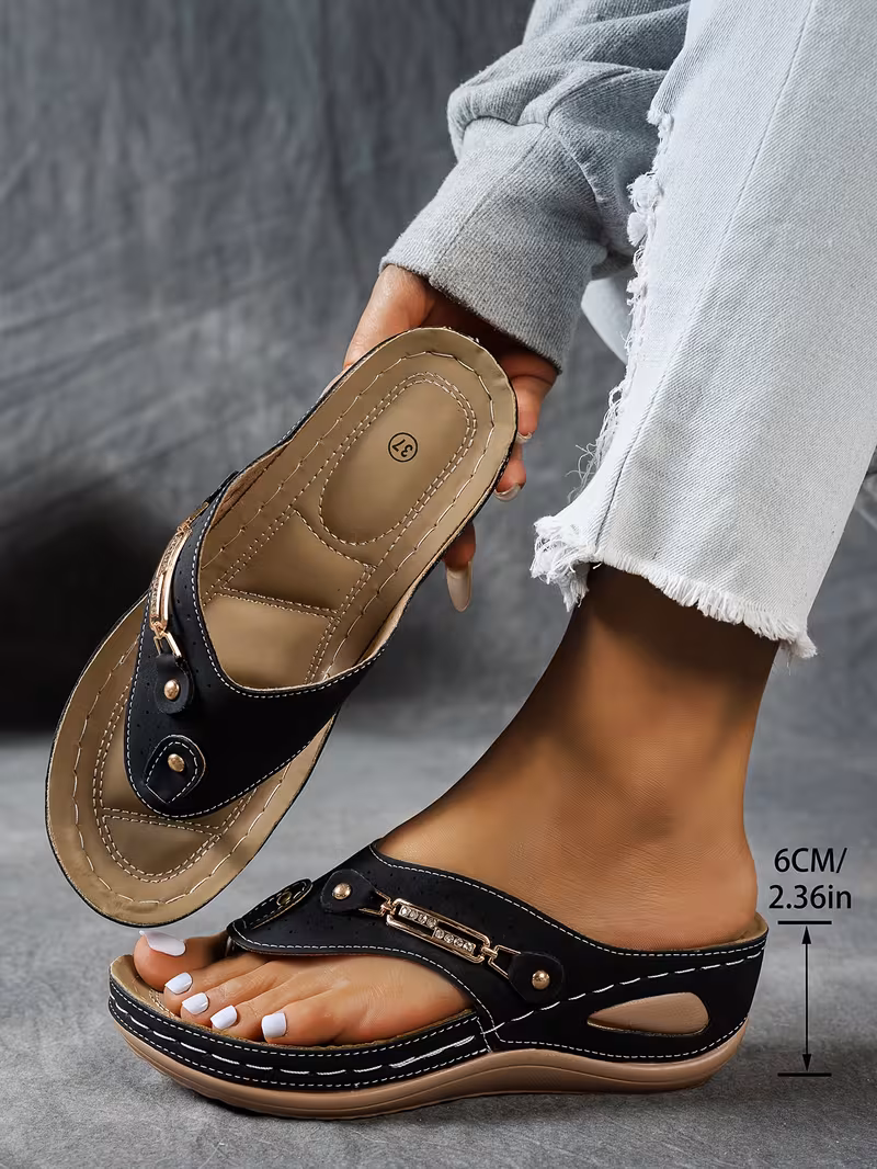 womens open toe wedge sandals with hollow out breathable material metal decor thick sole comfortable outdoor slippers casual vacation versatile daily walking and commuting footwear solid lightweight slides Product details 2