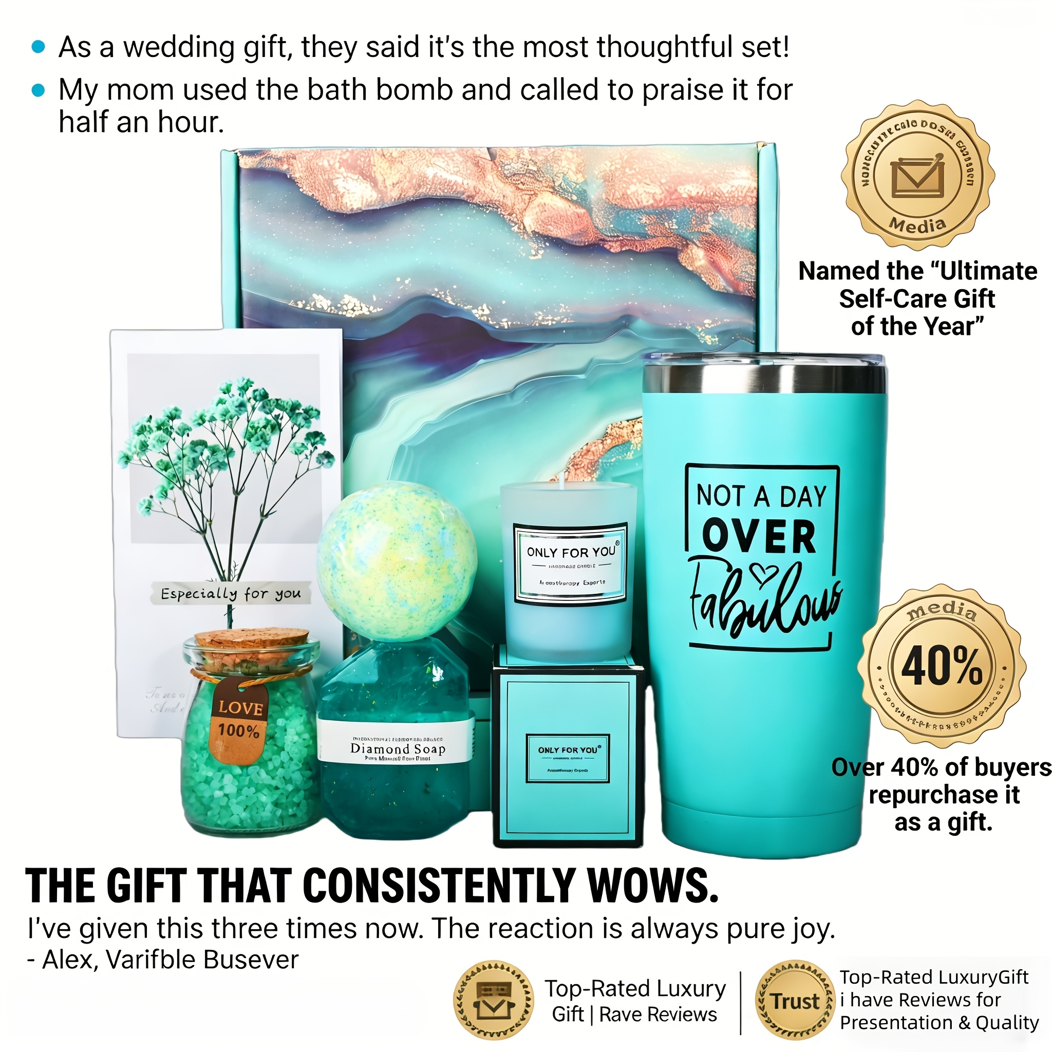Elegant Teal Spa Gift Set - Bath Gift Set for Women, Includes Bath Bombs, Bath Salts, Insulated Mug, Scented Candle, Postcard, Soap. Perfect Gift for Birthdays, Valentine's Day, Thanksgiving, Christmas, New Year's, Anniversaries, and Easter Baskets