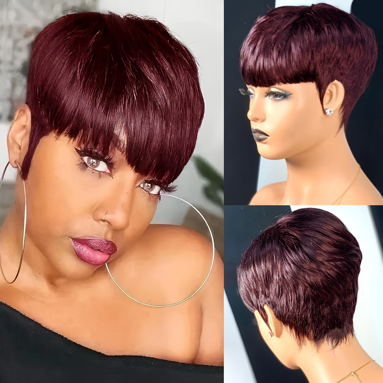 TEMU Human Hair Cut Wig With Bangs - Short Straight Bob Style For Women, Soft To The Touch, Full Machine Made, 150% Density, , Suitable For All , Sporty Look