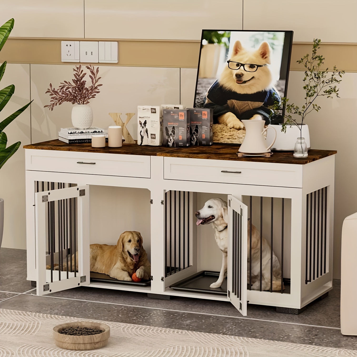 

Large Dog Crate Furniture, Wooden Dog Kennel With Removable Room Divider And 2 Trays, Heavy Duty Dog Crate For 1-2 Large Dogs, End Table W/ Two-room Design And 2 Front Doors