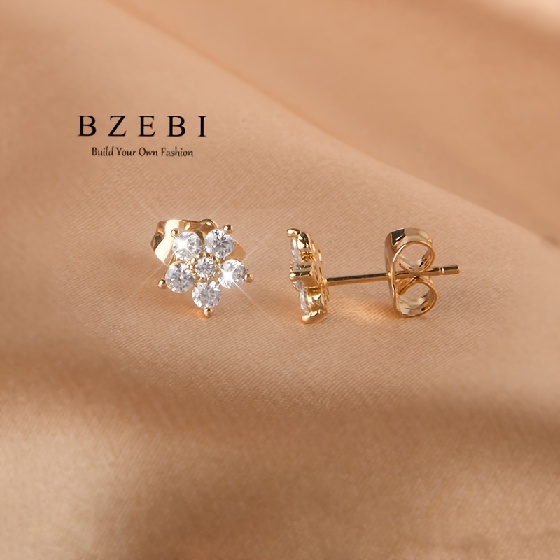 CZ Flower Stud Earrings Hypoallergenic 18K Golden Plated