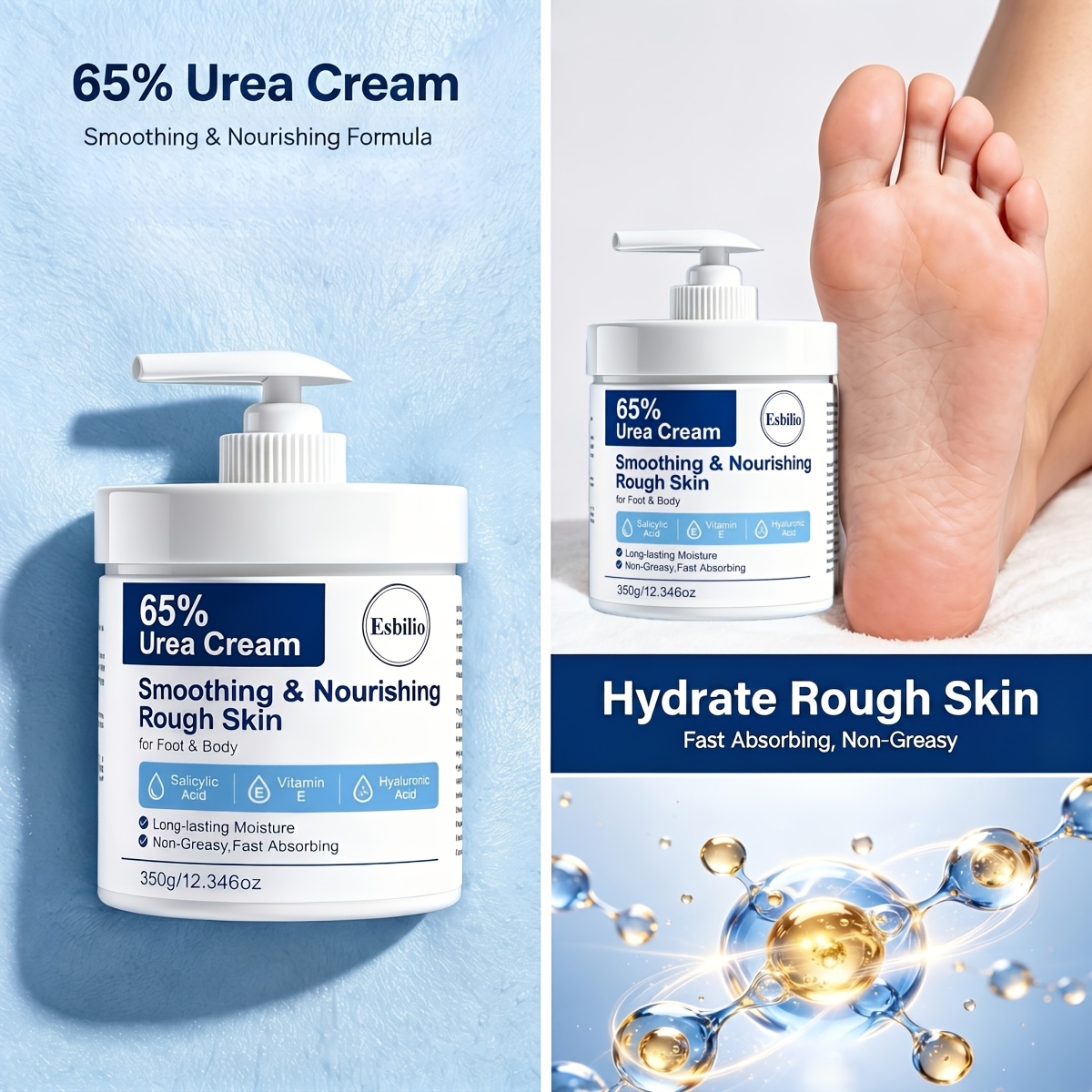 ESBILIO 350g 65% Urea Cream Suitable for Rough Dry Cracked Skin on Heels, Knees, Elbows & Hands - Fast-Absorbing Non-Greasy Formula with Salicylic Acid, Vitamin E & Hyaluronic Acid for, Hydration & Smoothing