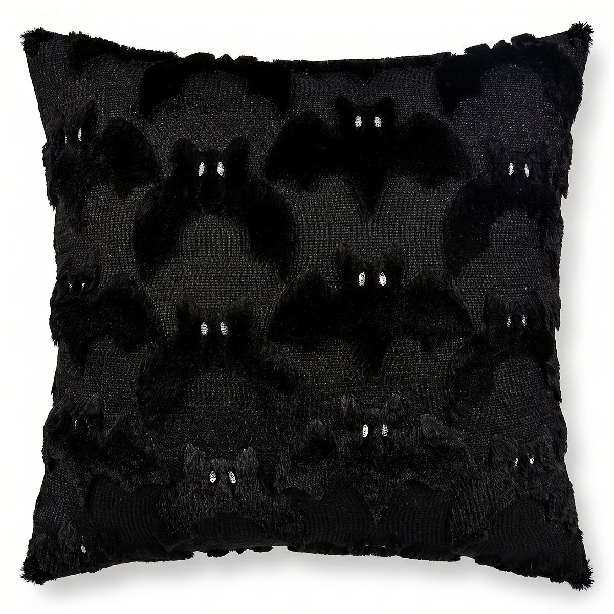TEMU 1pc 1pcs 3d Fluffy Bat Embroidery Throw Pillow Cover - Black Fuzzy Plush Bat Cushion Case Suitable For Sofa, Bed,, Contemporary Zipper Closure
