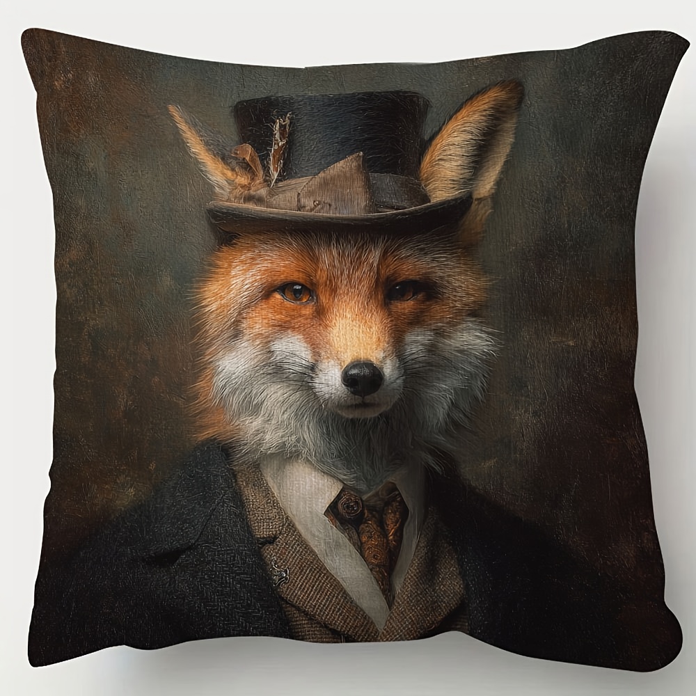 TEMU 1pc Of Short Plush Decorative Pillow Cover Featuring A Dapper Fox Portrait, Printed On , Measuring 18 Inches By 18 Inches, Ideal For Decorating