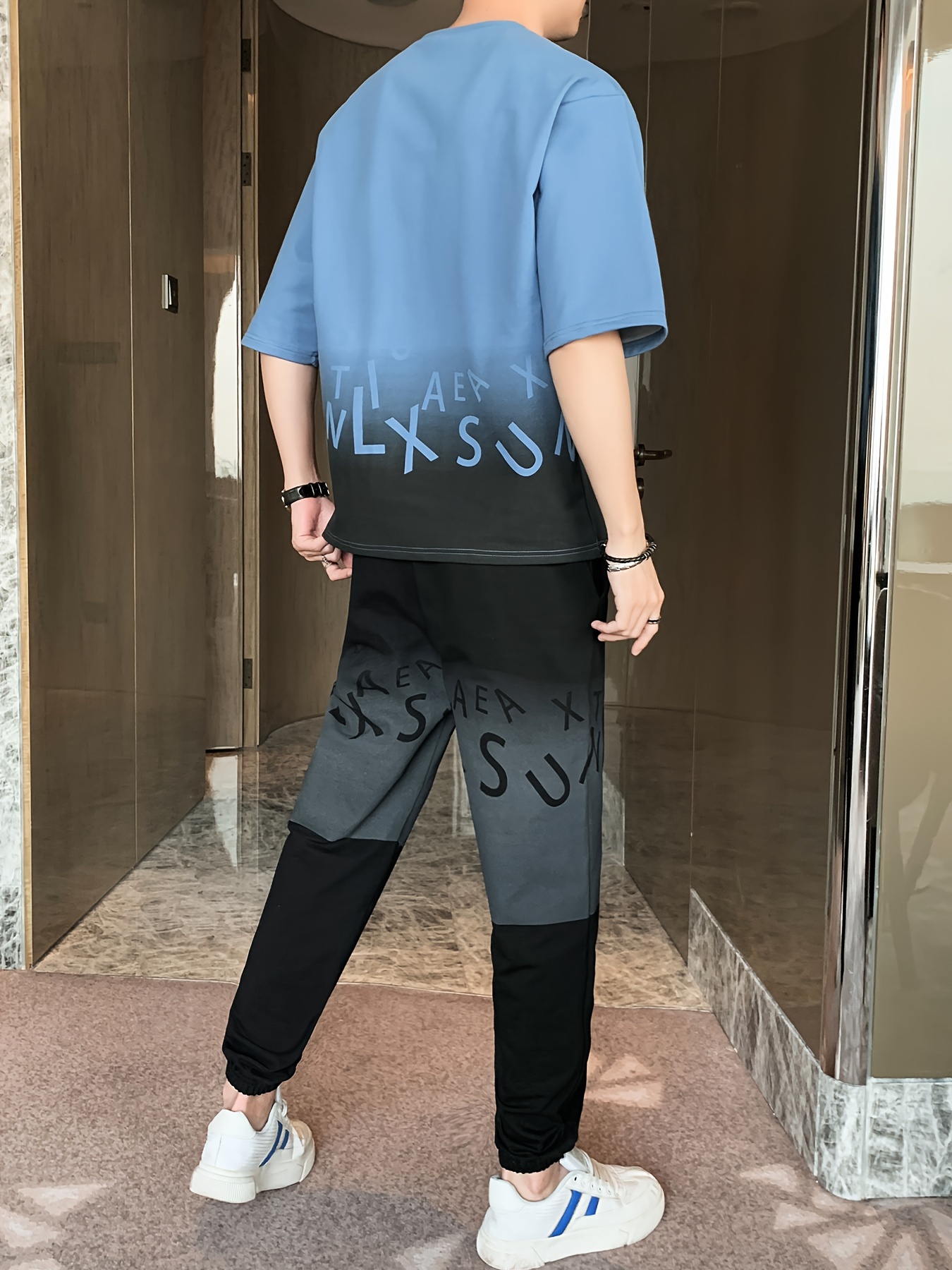 Men's Summer Casual Cotton Blend Outfit Set - Gradient Color Short Sleeve T-Shirt & Stylish Drawstring Shorts, Machine Washable