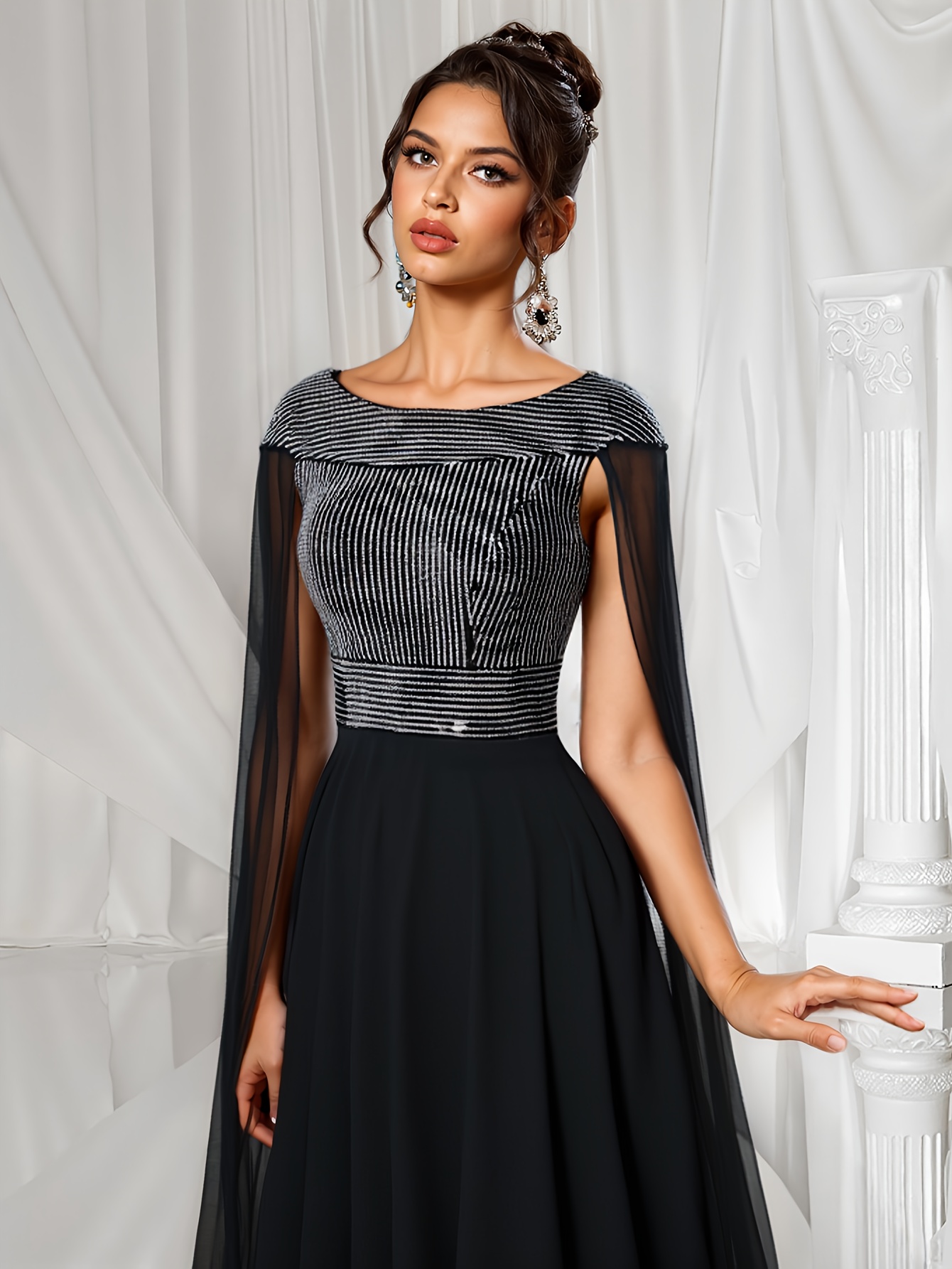 luxurious black beaded cape sleeve chiffon evening gown