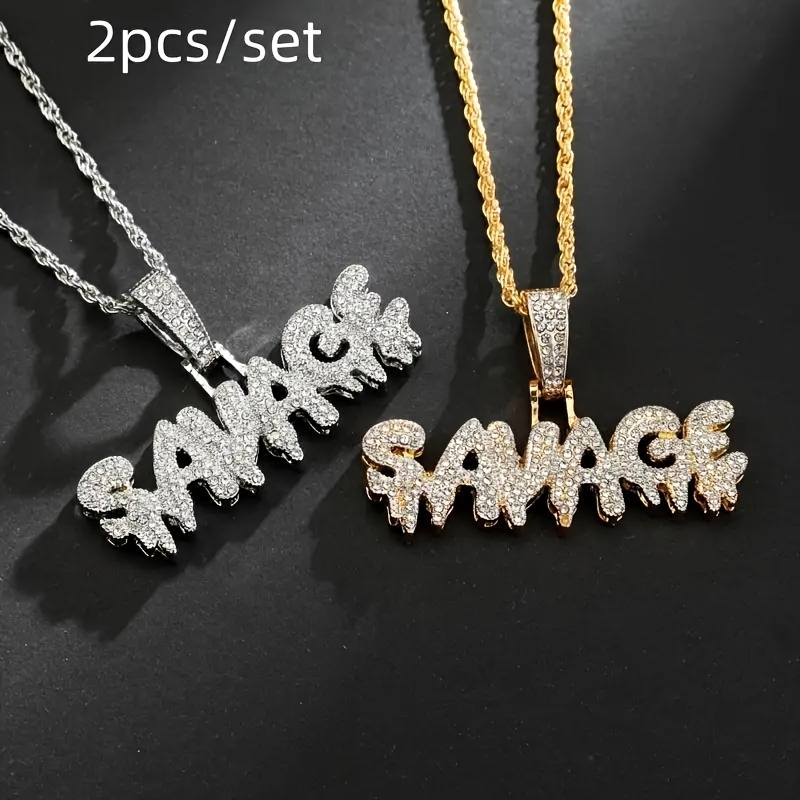 

2 Pcs/set Hip Hop Ice Out Zirconia Letter Pendant Necklace For Men And Women Rap Jewelry Accessories