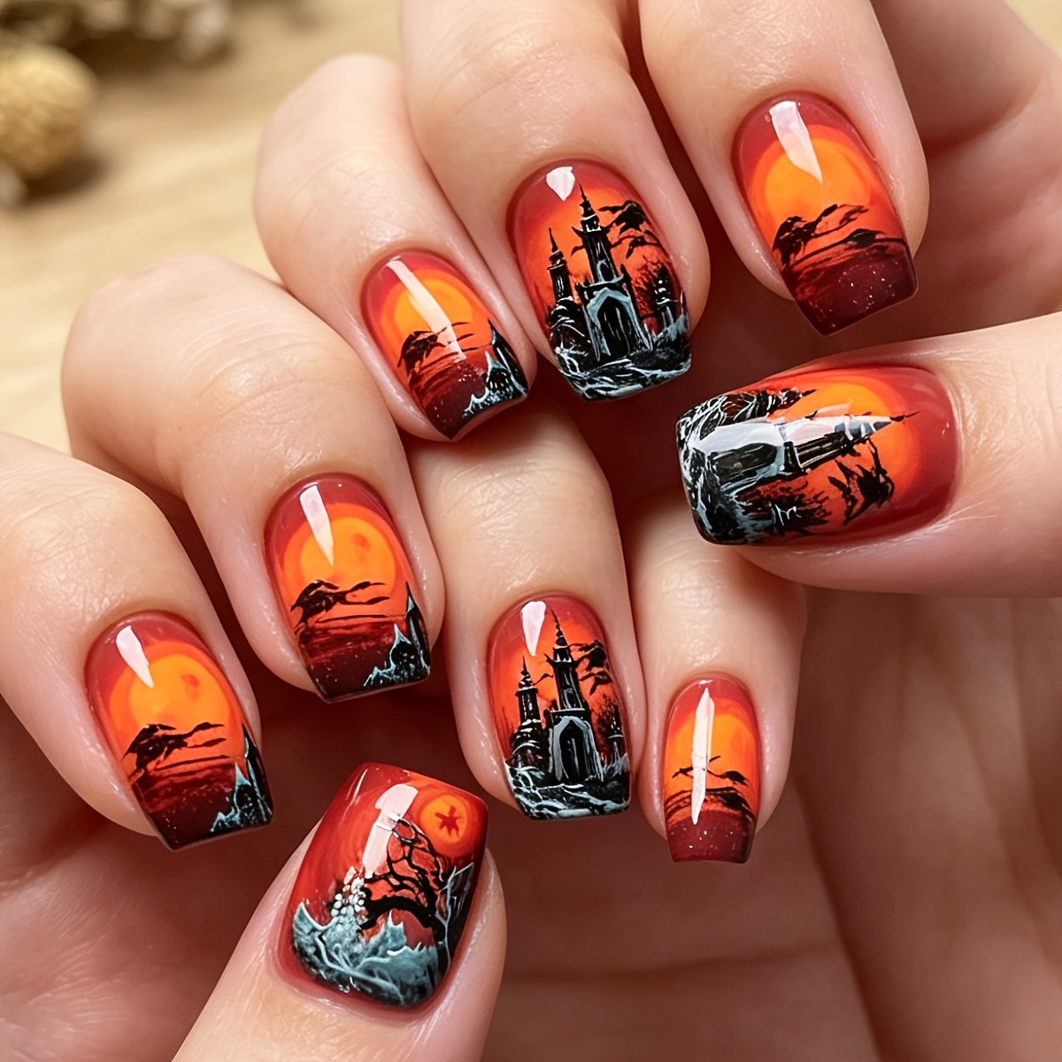 TEMU Halloween Short Style 24pcs Set, Wine Red Glossy Finish Fashionable False Nails With Elegant Gradient Nail Stickers, Easy To Remove And Reuse,