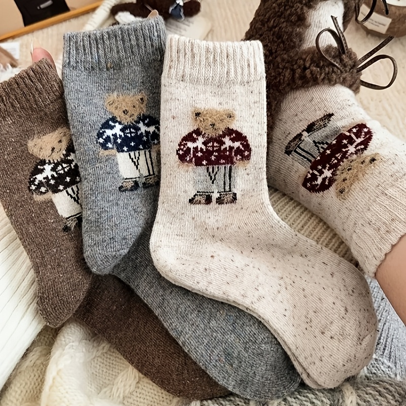 

5 Pairs Of Autumn And Winter Vintage Fleece Sweater Bear Mid-calf Socks