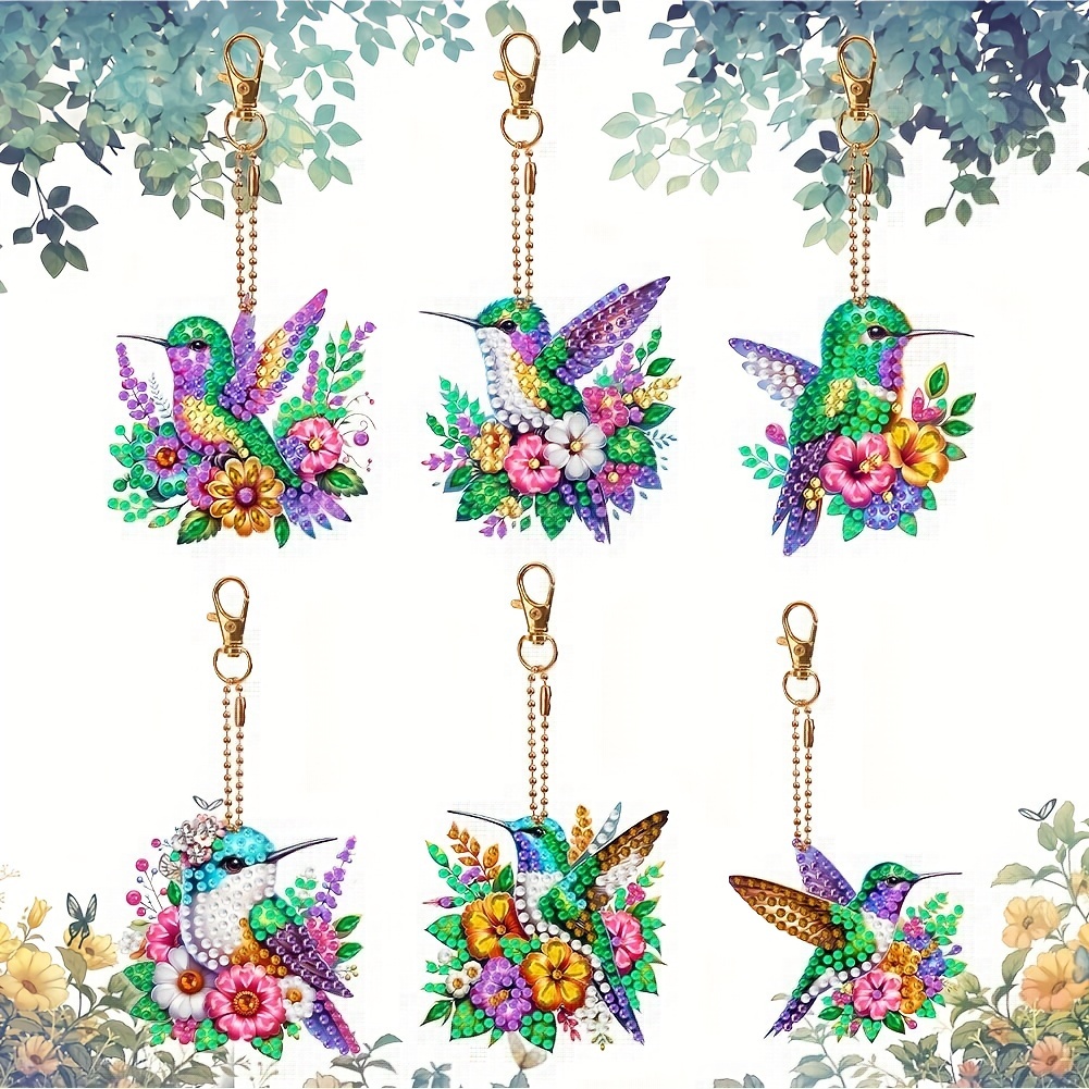 

6-piece Colorful Bird Diamond Art Keychain Set - Diy Mosaic Craft Kit With Unique Shaped Diamonds, Acrylic Pendant Charms For Backpacks & Gifts Diamond Art Kits Diamond Art Accessories
