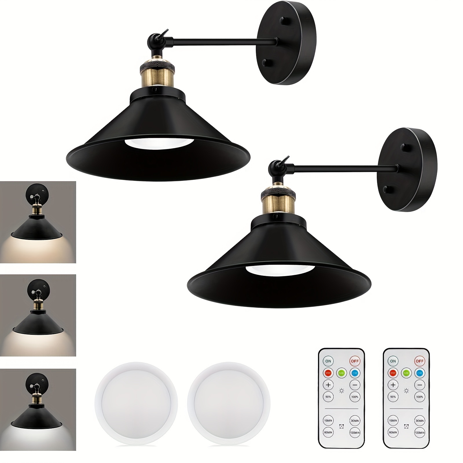 Image of 2pcs Set, Black Retro Wall Lamp, Wireless Remote Control, Battery-powered, Cct With 3 Color Options, Suitable For Bedroom, , Living Room (batteries Not Included)