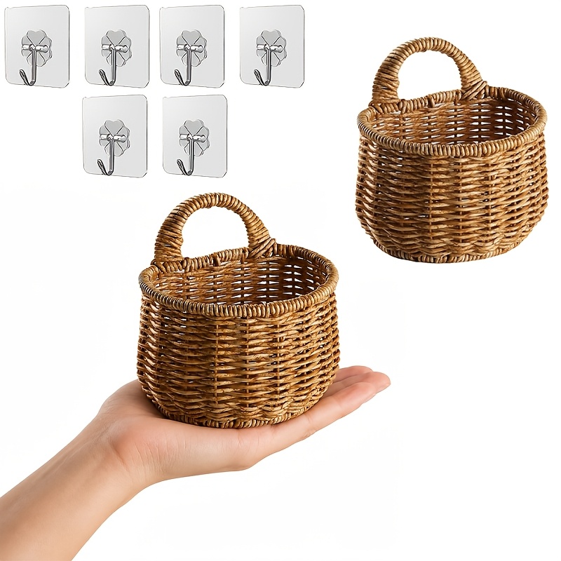 TEMU Set Of 2 Small Bohemian Faux Rattan Woven Wall Baskets With 6pcs Hooks - Plastic Suitable For Flower Display, Kitchen Organizer, Bathroom &
