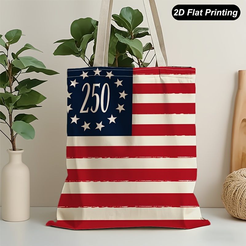 TEMU 1pc Usa Flag 250 Years Anniversary Canvas Handbag, Versatile Double-sided Printed Handbag Storage Bag, Reusable Grocery Shopping Bag, For Daily