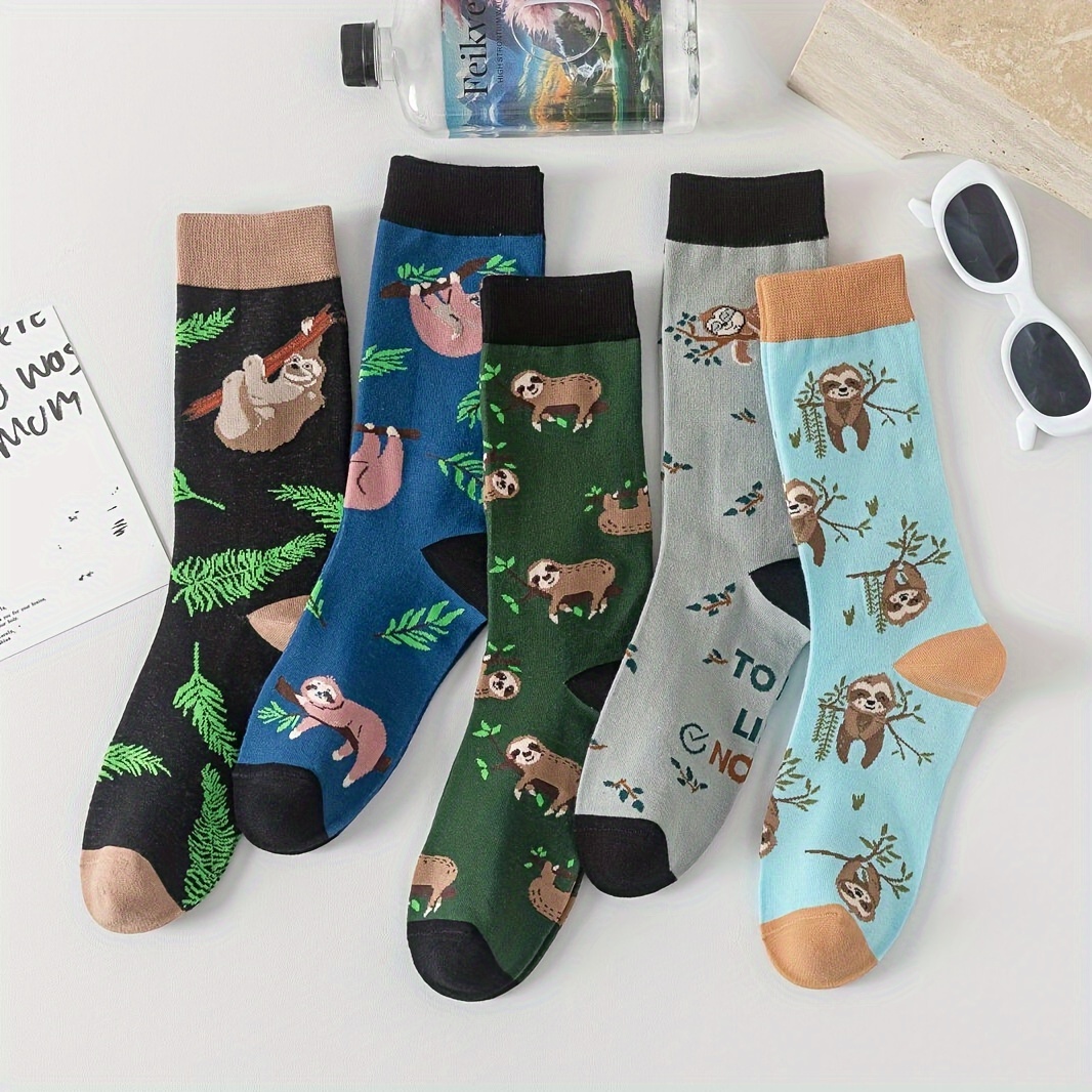 

Cotton Animal Pattern Socks - 5 Pairs, Cozy Knit Fabric, Hand Washable, Comfortable & Breathable, Casual Fashionable Socks With Sloth & Tree Patterns