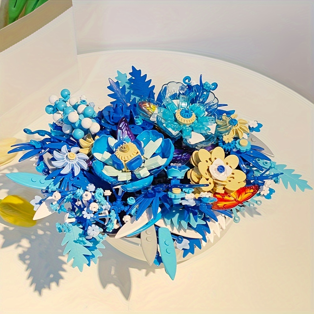 blue flowers building sets for adult centerpieces 917pcs botanical collection crafts for table or wall decoration unique home d cor gift with beautiful gift box details 3