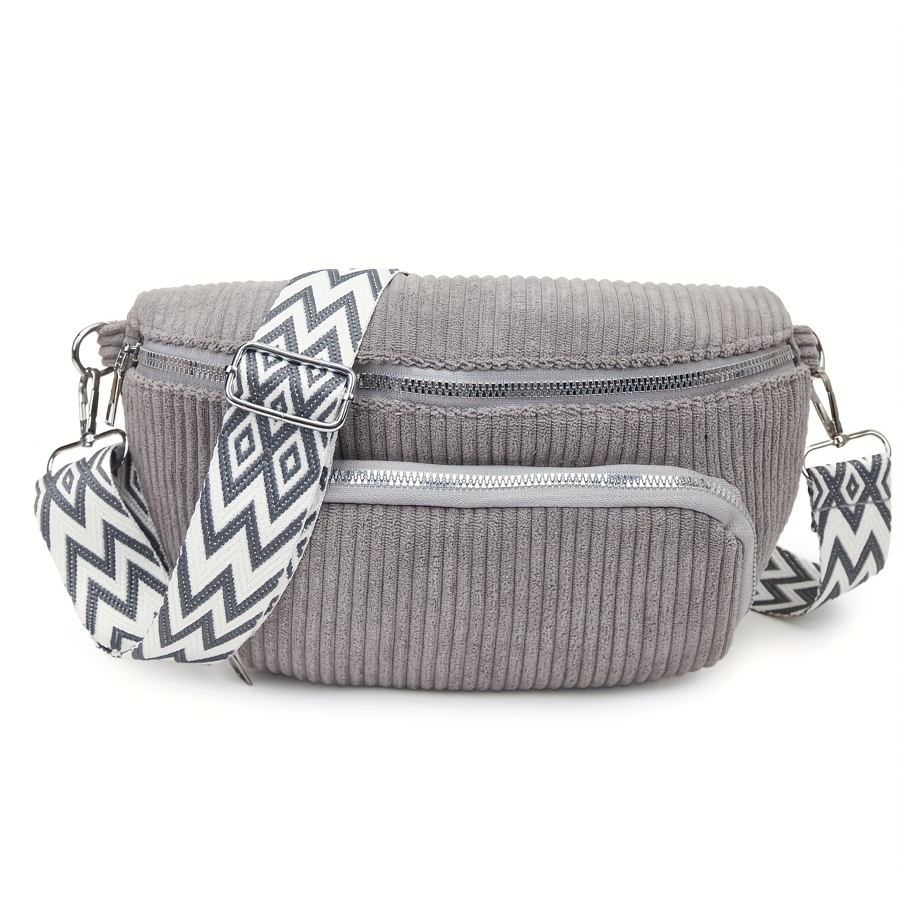 Image of Women's Corduroy Belt Bag, Multiple Pockets, Unisex Crossbody Bag, , Adjustable Strap, In Black, Coral Pink, Grey,, Dark Green, Suitable For Daily Use, Commuting, Outdoors, Ideal As A Holiday Gift