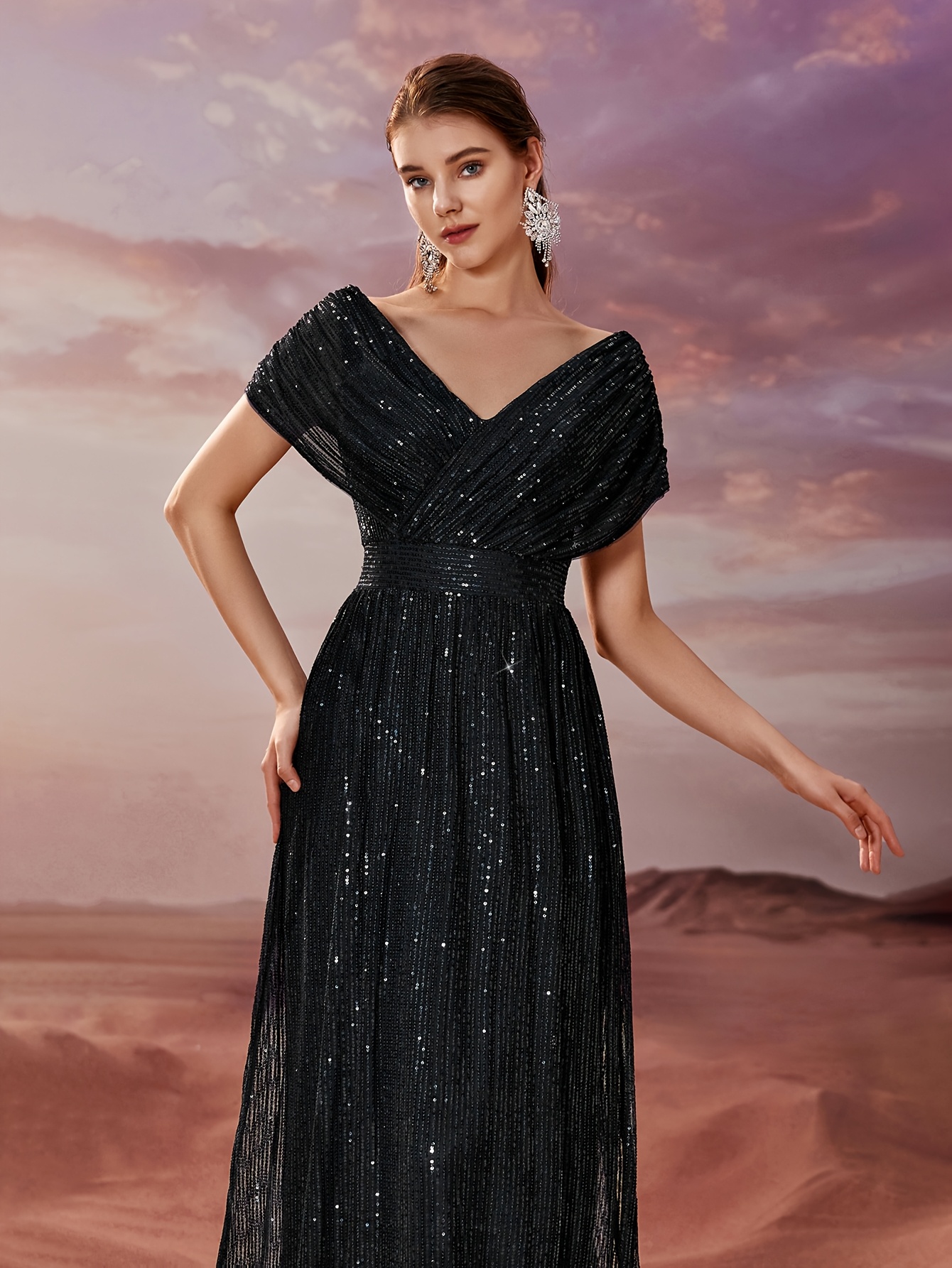 womens elegant shimmering sequin evening gown neck