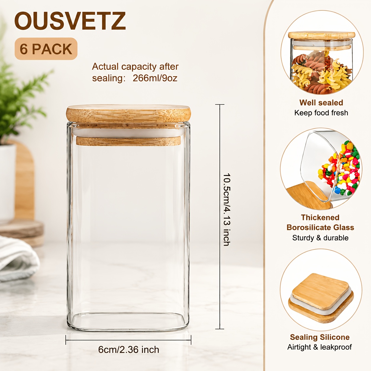 TEMU 6 Pack Glass Storage Jars With Bamboo Lids, Airtight Food Storage Containers, Clear Glass Canisters For Spices, Herbs, Candy, Seasoning And