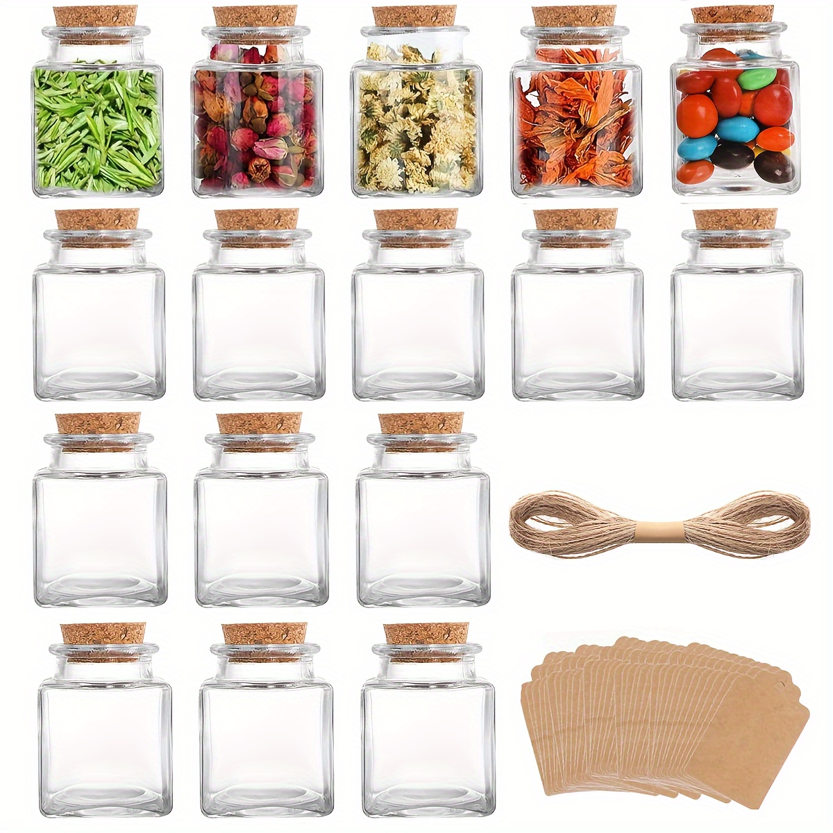 

16-pack 50ml Square Glass Jars With Cork , , And Tags - Clear Containers For Spices, Food, Crafts, Wedding Favors, Party And Home Decor