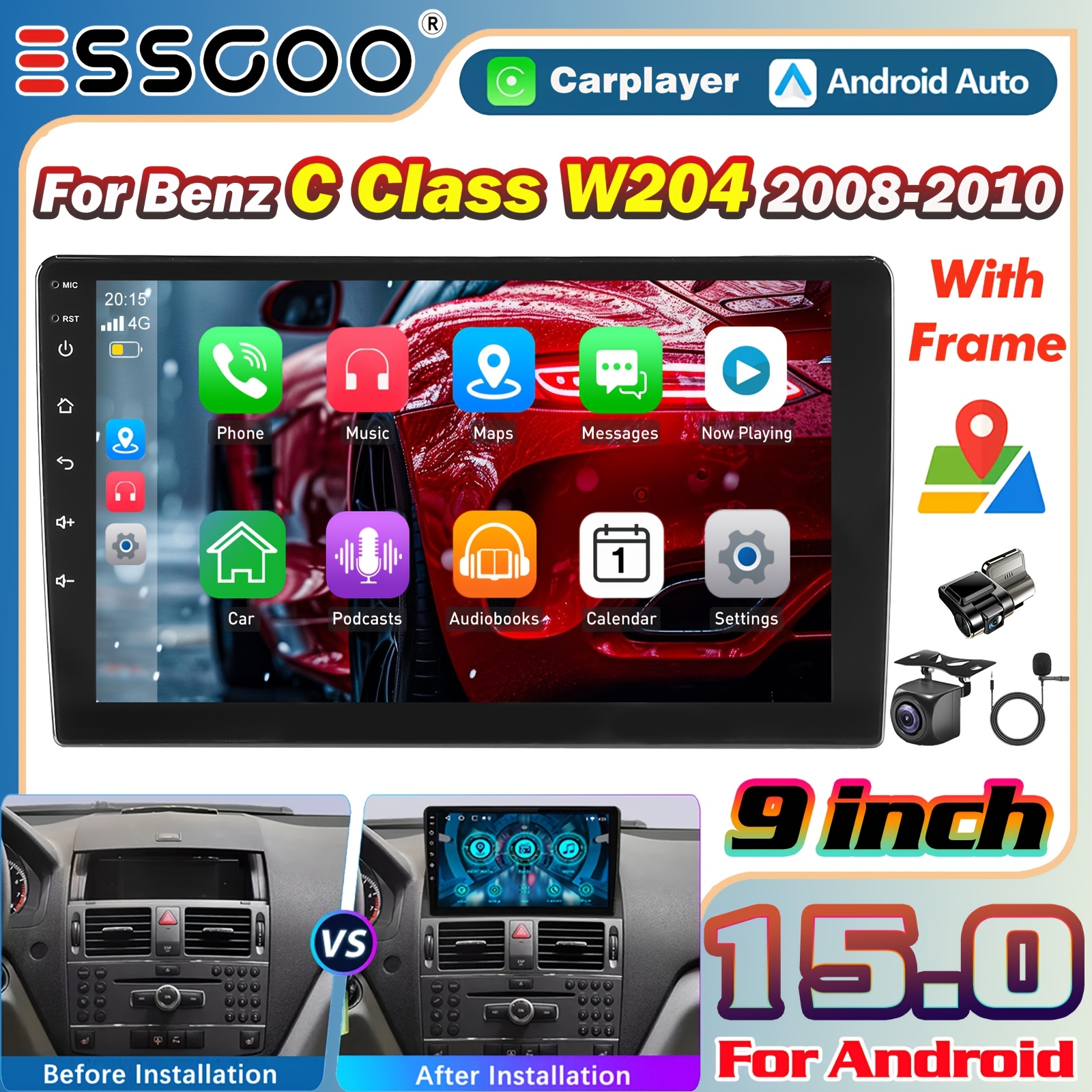 4+64gb With Usb Dashcam, 15 Car Stereo For Benz W204 2008-2010 (frame Included), 9 Inch Auto Radio 1280*720p Ips Screen 2 Din Radio, Auto & , Support B-t Gps Wifi Fm/rds Swc, Car Additions