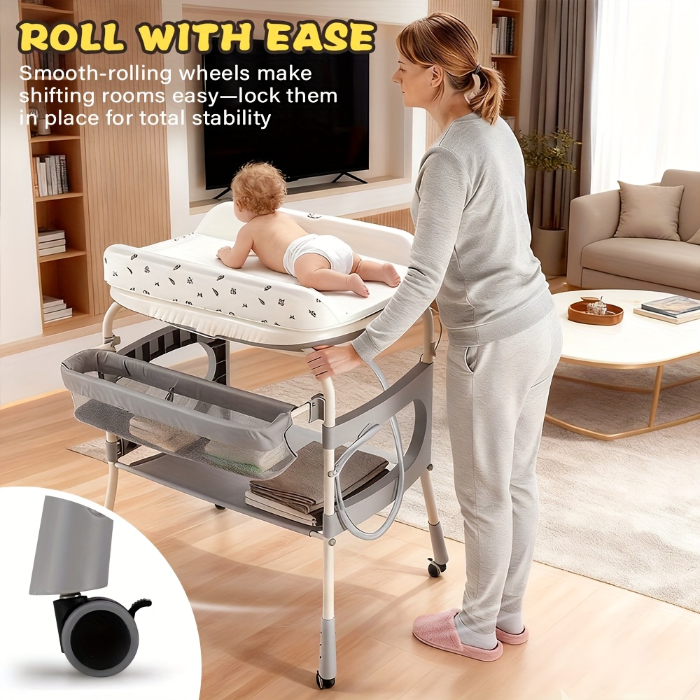 Foldable Baby Bathtub with Changing Table & Storage Shelf - Heavy-Duty Portable Bath Tub with Locking Wheels, Adjustable Height, Safety Harness & Diaper Changing Station, Space-Saving Design for Home, Travel, Nursery - Easy Assembly - Image 3