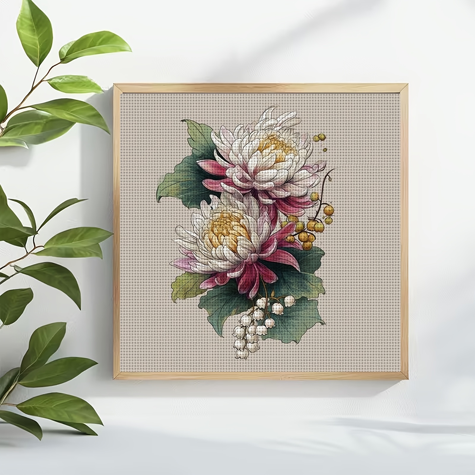DIY Cross Stitch Print Kit, Pink and White Chrysanthemum Pattern