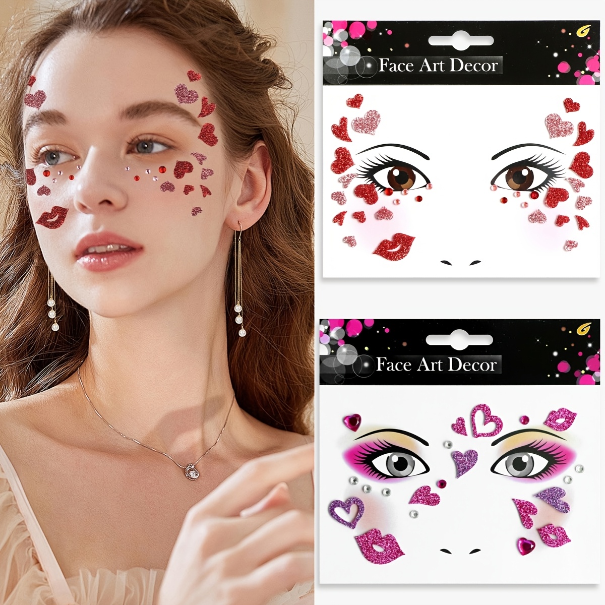 

Valentine's Day Heart-shaped Rhinestone Face Stickers, Sparkling Gemstone Tattoo Decals For Lips & Eyes, Glittering Facial Art Decorations For Makeup &