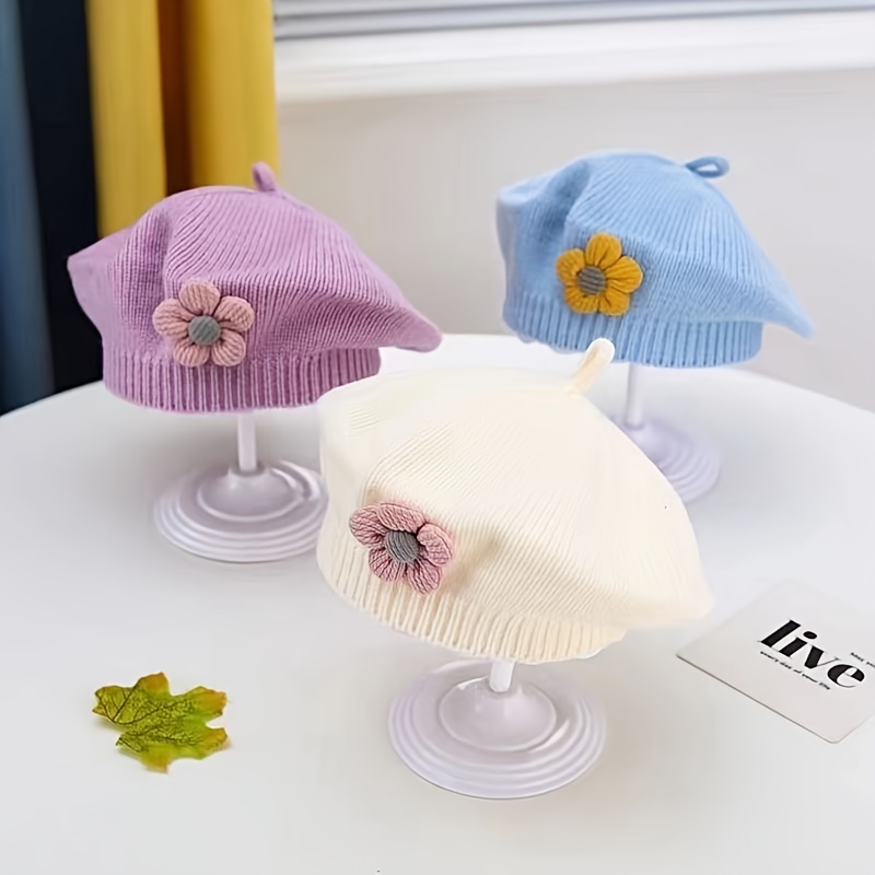 

Floral Beret Toddler Hat, Cotton Knit Stretchy Beanie, Soft Breathable Comfortable Hat For Girls, Colors, Hand Wash Or , Autumn/winter, Birthday, Infant Clothing Accessories