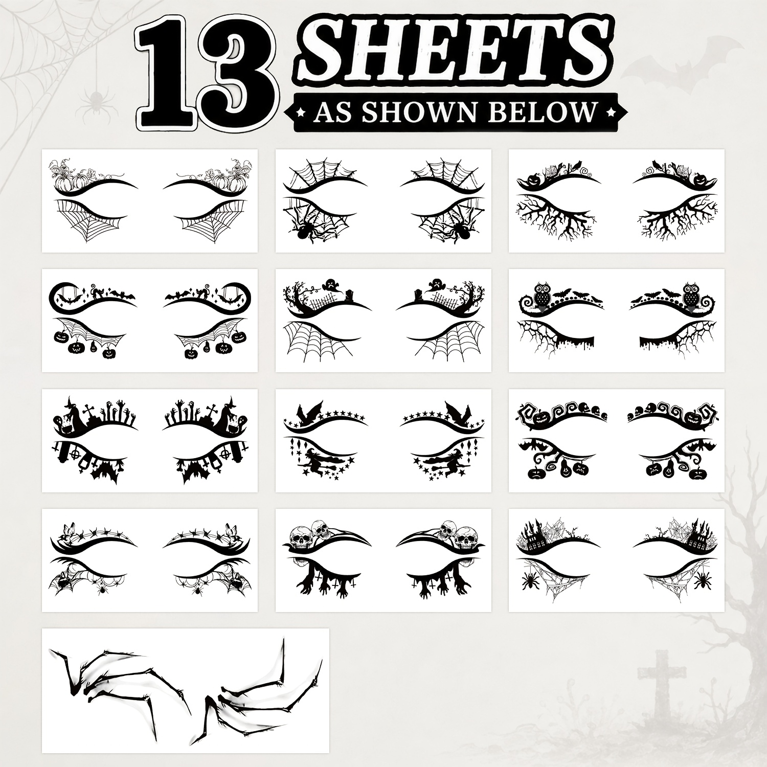 Image of Creative Temporary Tattoos For Halloween Around , 3d Leg And Web Fake Tattoo Stickers, Long-lasting Waterproof Face Makeup For Scary Zombie Witches, Featuring Eyelid Eyeliner, , Pumpkins, , And Bats