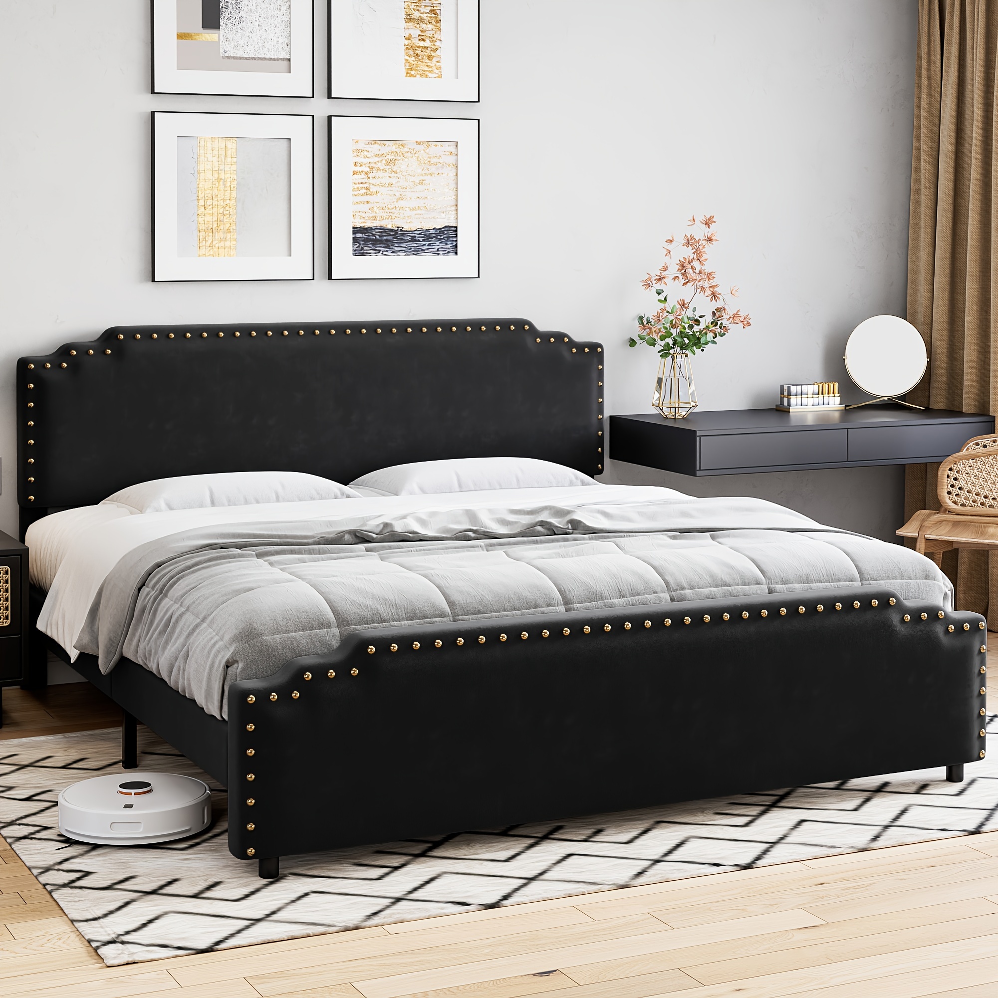 

1pc Full/queen/king Size Velvet Upholstered Platform Bed Frame With Rivet Trimmed Headboard & Solid Wooden Slats Support, No Box Spring Needed, Easy Assembly, Modern Style In Grey/black Options