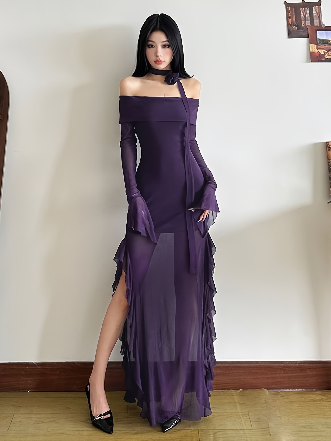 open lace back dress Daisy Mesh Floral Dress- Dusty Purple L by LaMeera Moda main image 0