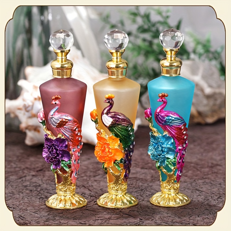 

30ml Vintage Peacock Enamel Glass Perfume Spray Bottles, Hypoallergenic Metal And Glass Craft, Bpa Free, Refillable Embossed Peony Design, Artistic Glasswork Gift