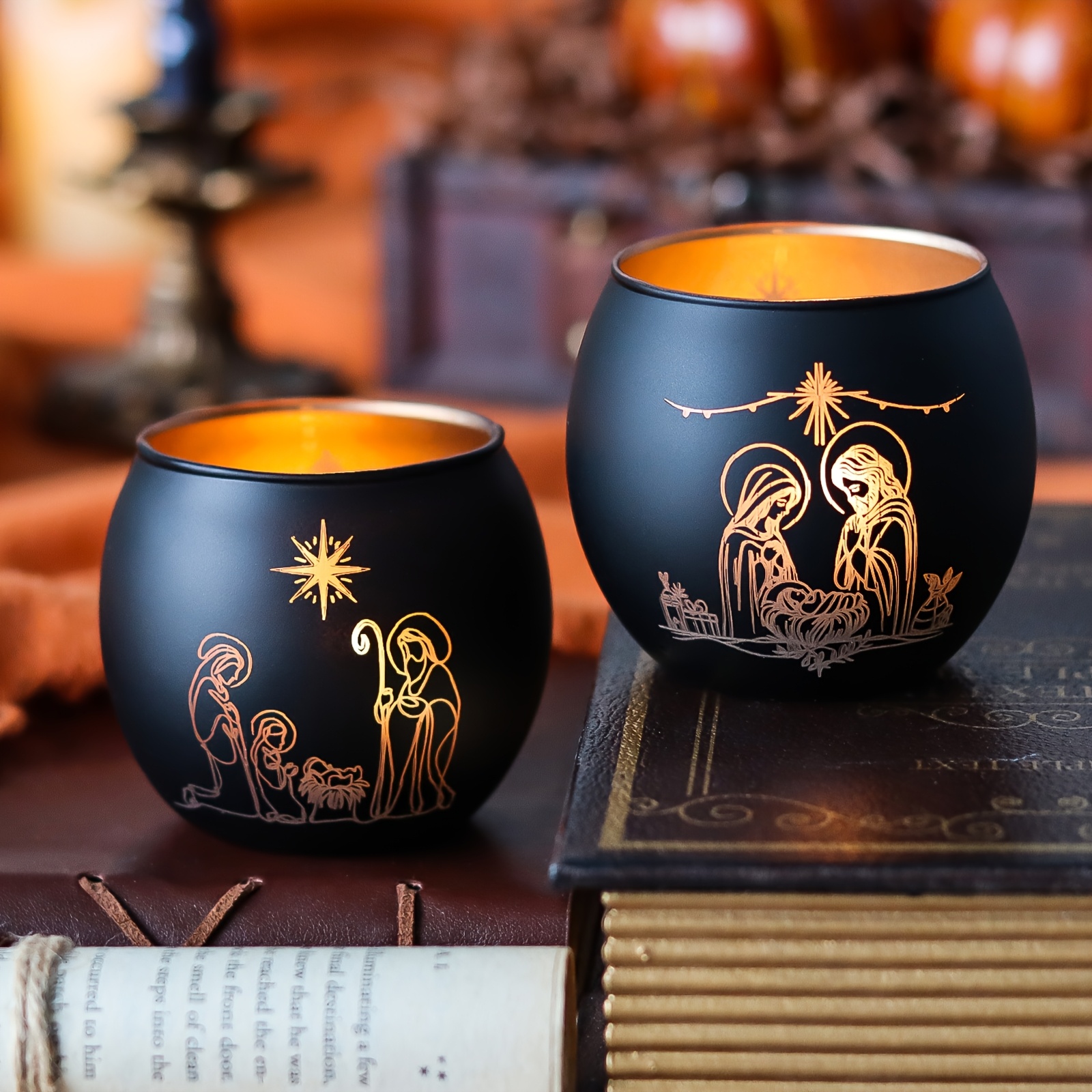 2 Bougeoirs en verre de la naissance de Jésus, décoration chrétienne, décoration de vacances de style classique, décoration de fête à la maison et au festival, nuit de la naissance de Jésus, Noël, Thanksgiving, Pâques et décoration de Nouvel An