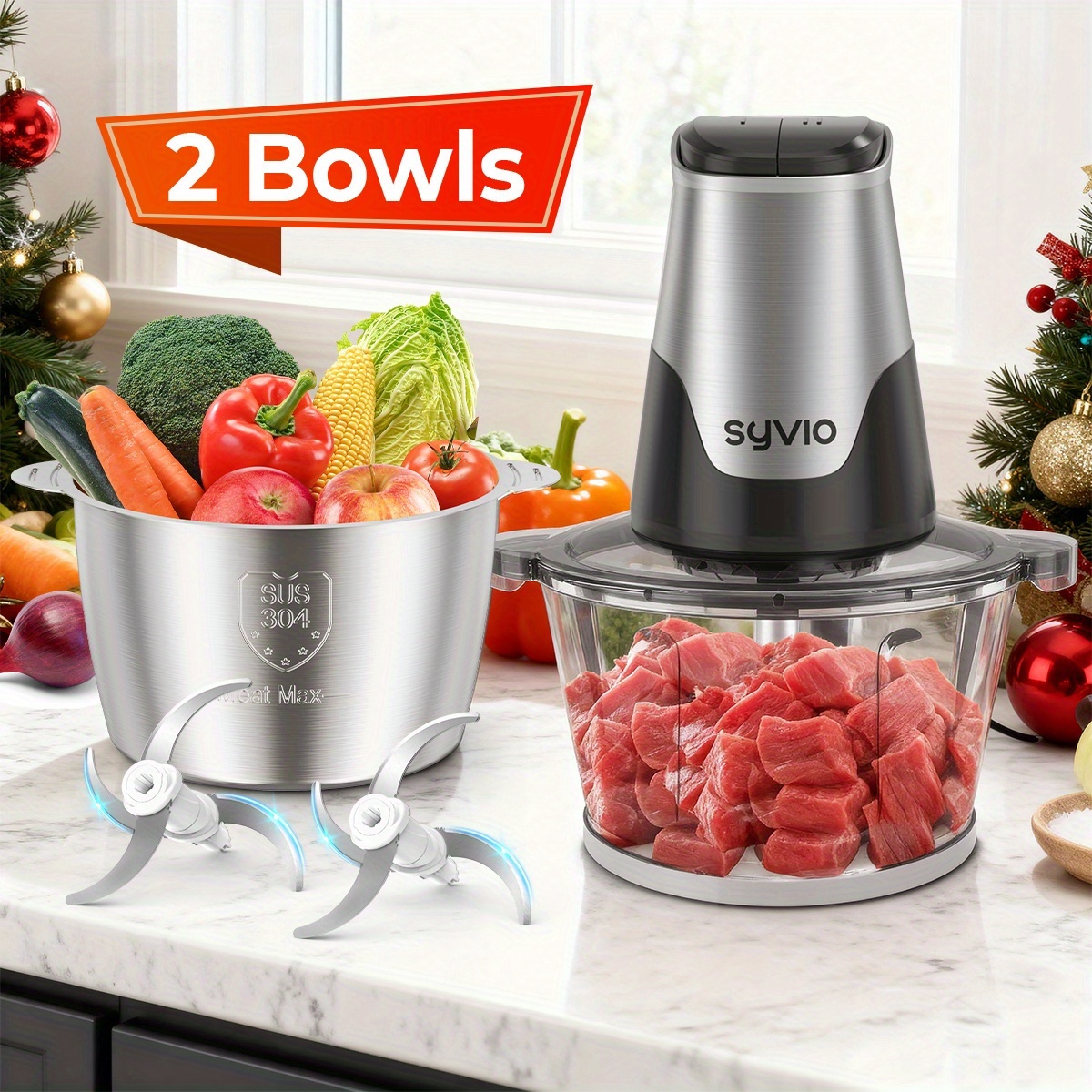 TEMU 450w Food Processors With 2 Bowls, Meat Grinder 4 Blades, Mini Electric Food Chopper, For Baby Food, Meat, Onion, Vegetables Chopper, 2 Speed,