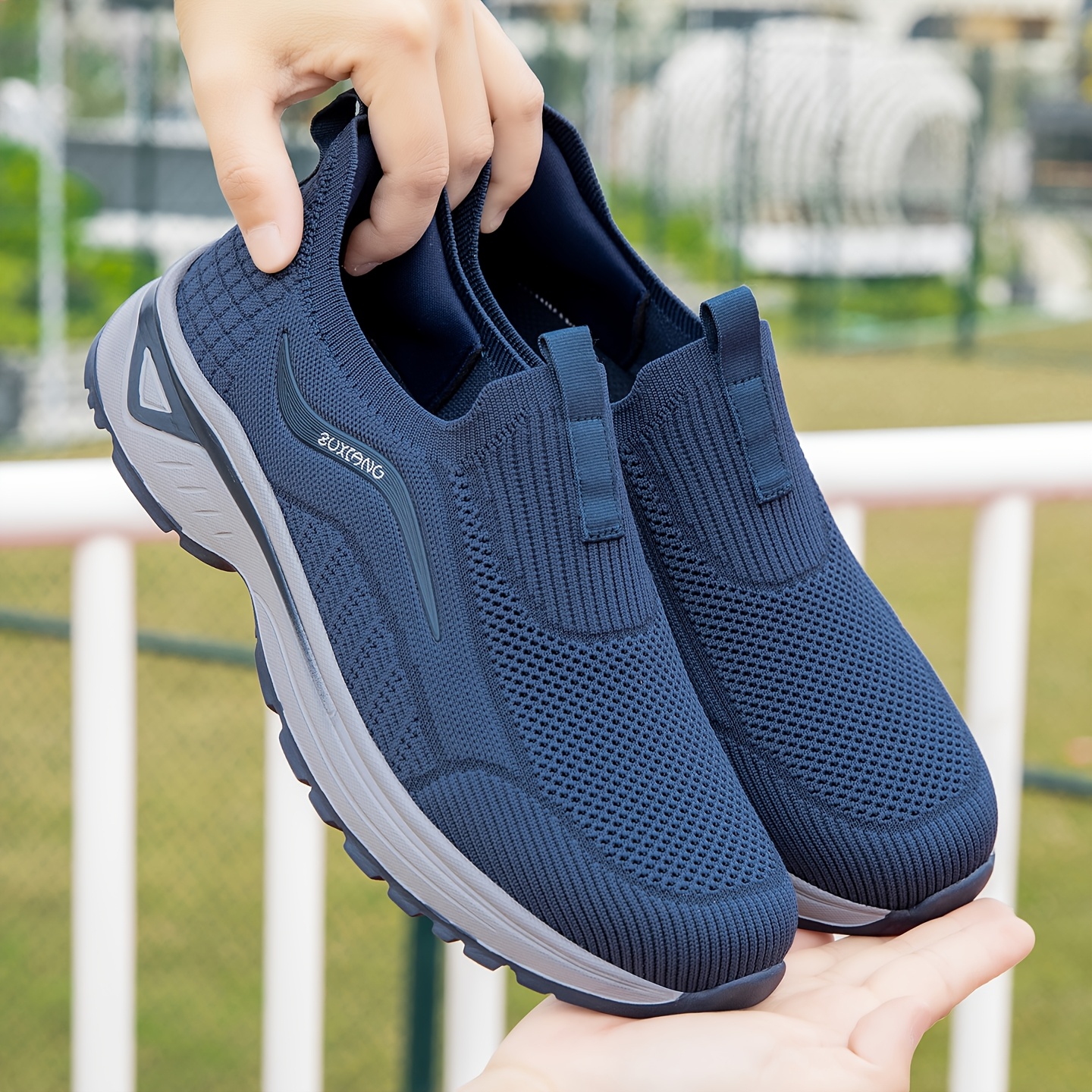 TEMU Navy Blue Mesh Slip-on Walking Shoes For Middle-aged And Elderly, Soft-soled Anti-slip Dad Shoes, Hiking Sneakers For Seniors