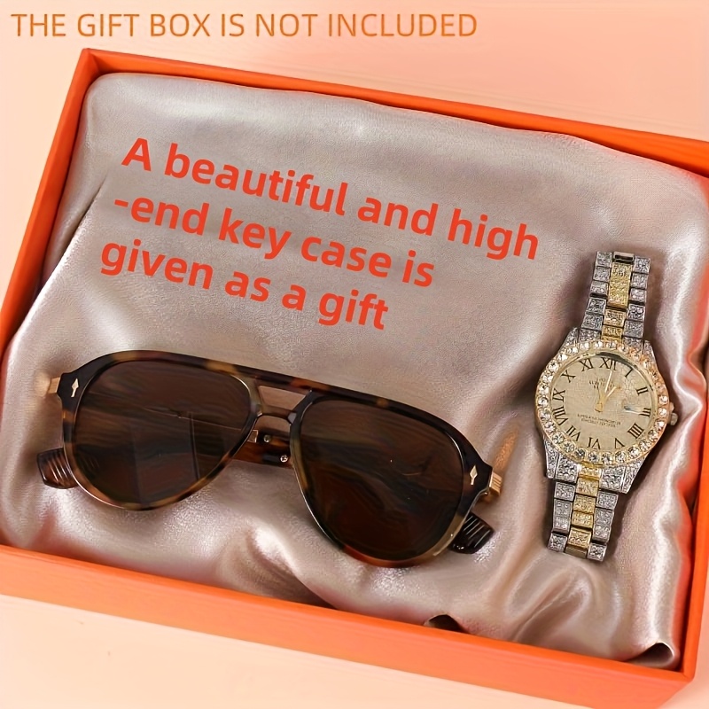 TEMU 3pcs Luxury Men's And Women's Watch Sets Luminous Hands Flashing Large Masonry Hat Toad Fashion Glasses To Send Advanced Gift