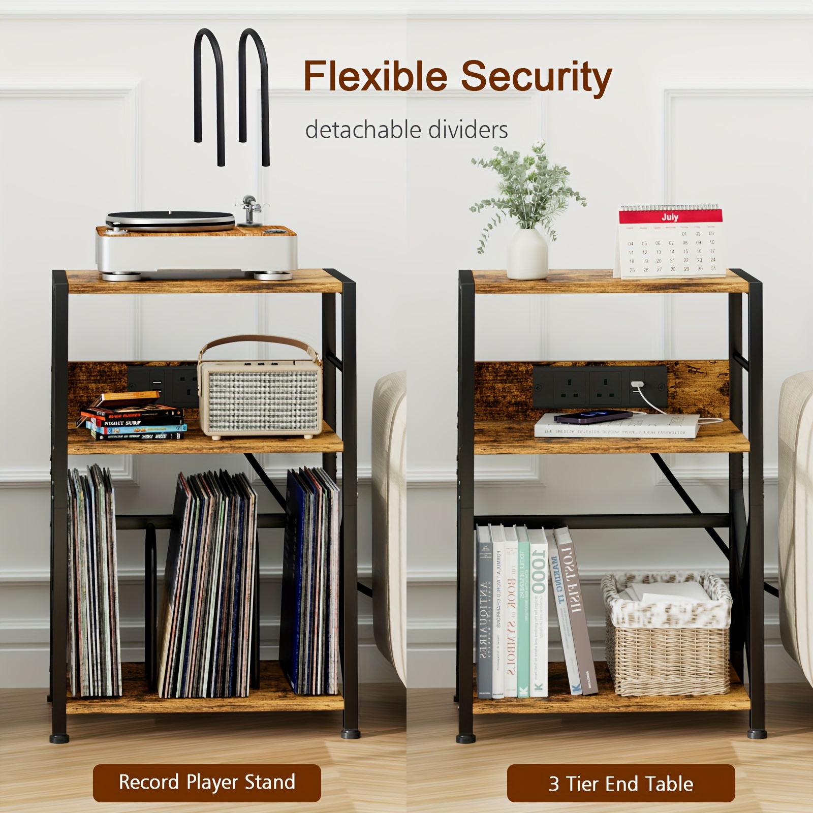 Wooden Record Player Stand with Socket, 3 Layers for 200 Albums