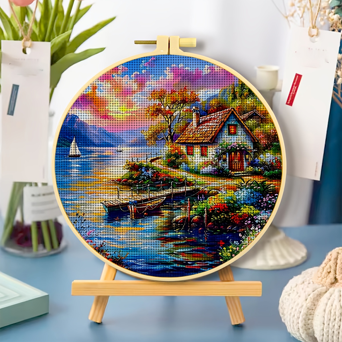 Round Cross Stitch Printed Kit with Hoop, Red Roof Cottage Pattern