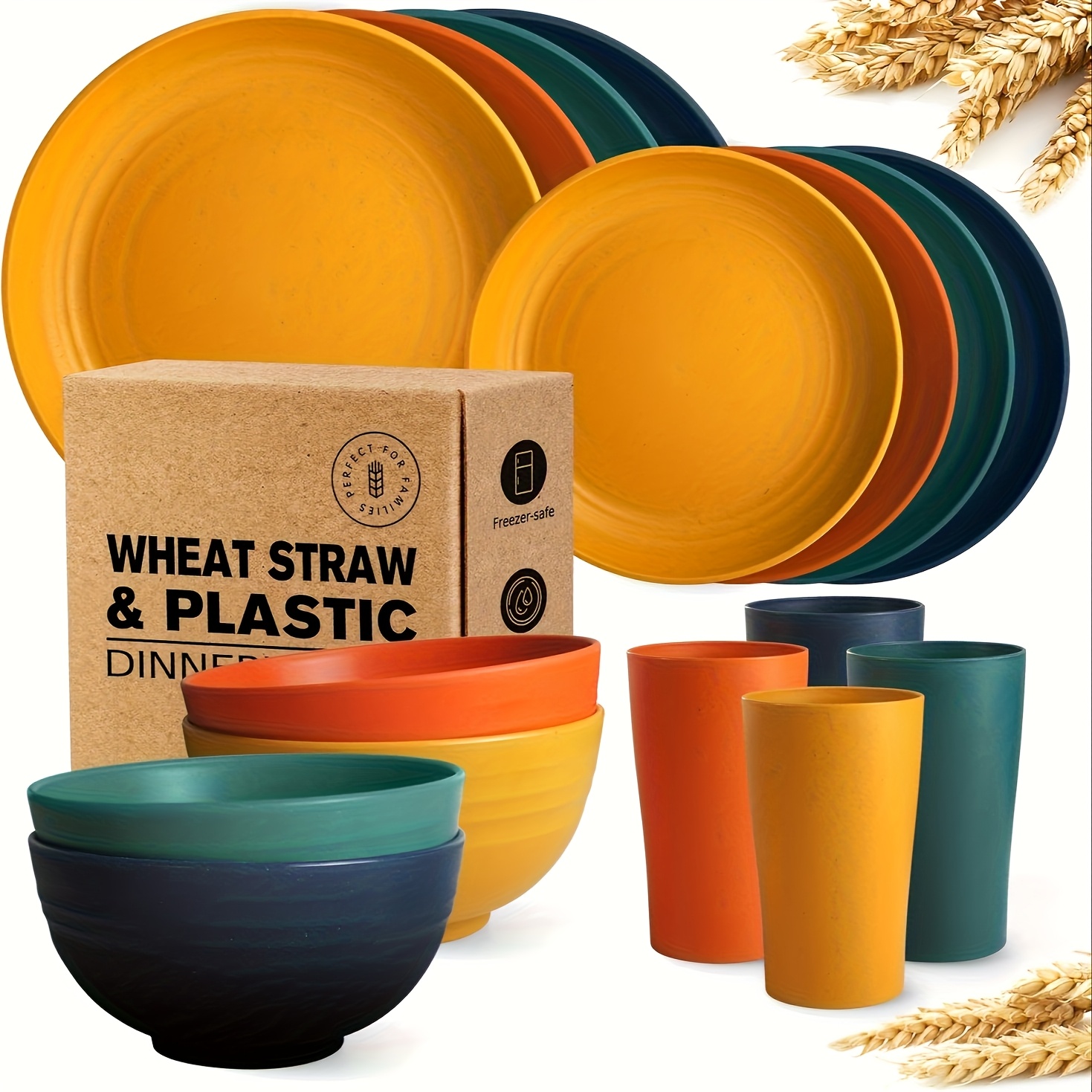 TEMU 16/32pcs Kitchen Set Made From Plastic Wheat Straw, Suitable For 4/8 People, Includes Plates, Dessert Plates, Cereal Bowls, And Cups. This