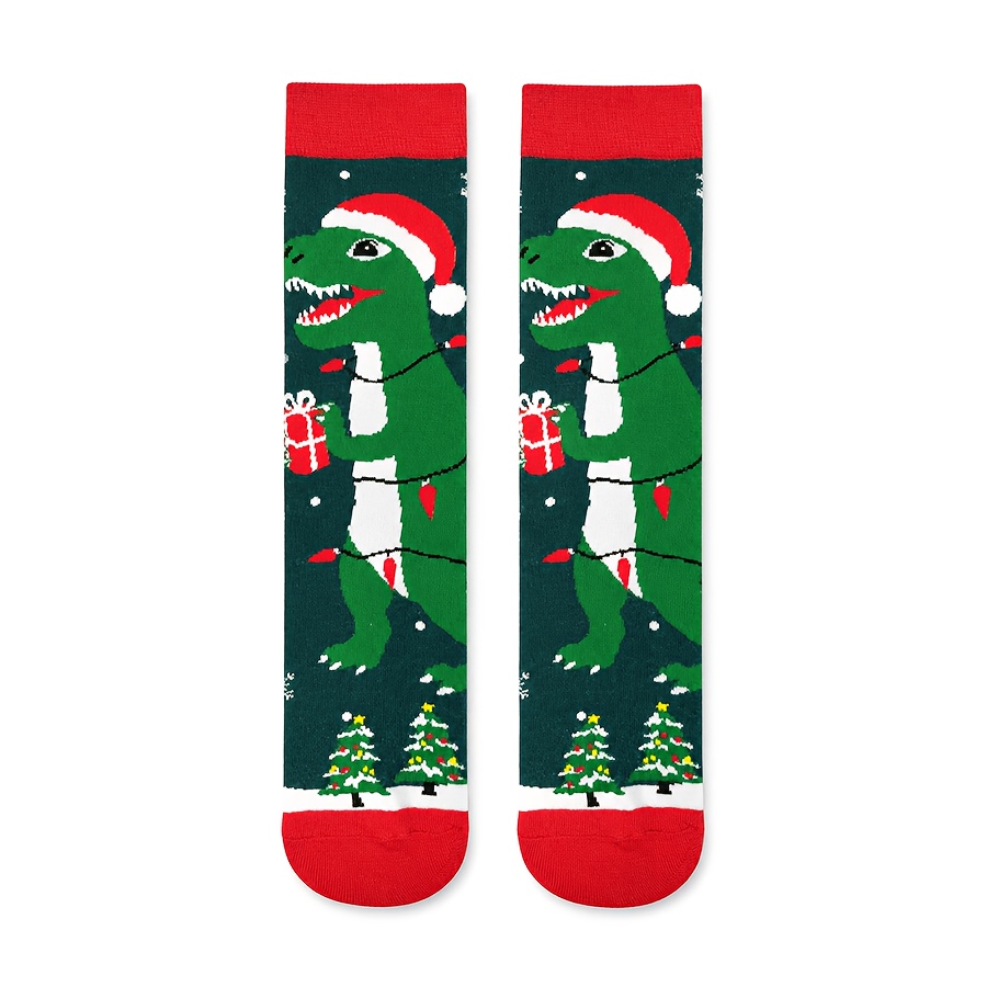 TEMU 1 Pair Men's Christmas Gift Dinosaur Crew Socks, Fun Cartoon With Santa Hat Pattern Casual Socks, Warm And Comfortable For Autumn And Winter,