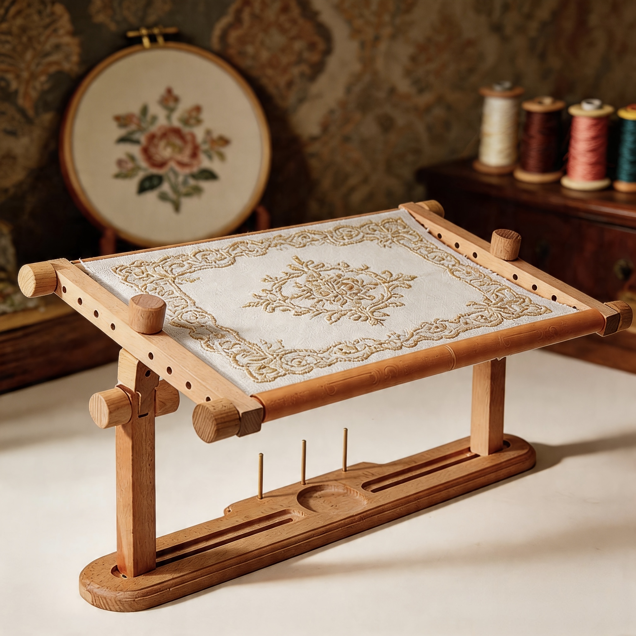 French Embroidery Hoop Clamp, Beech Wood Adjustable Stand