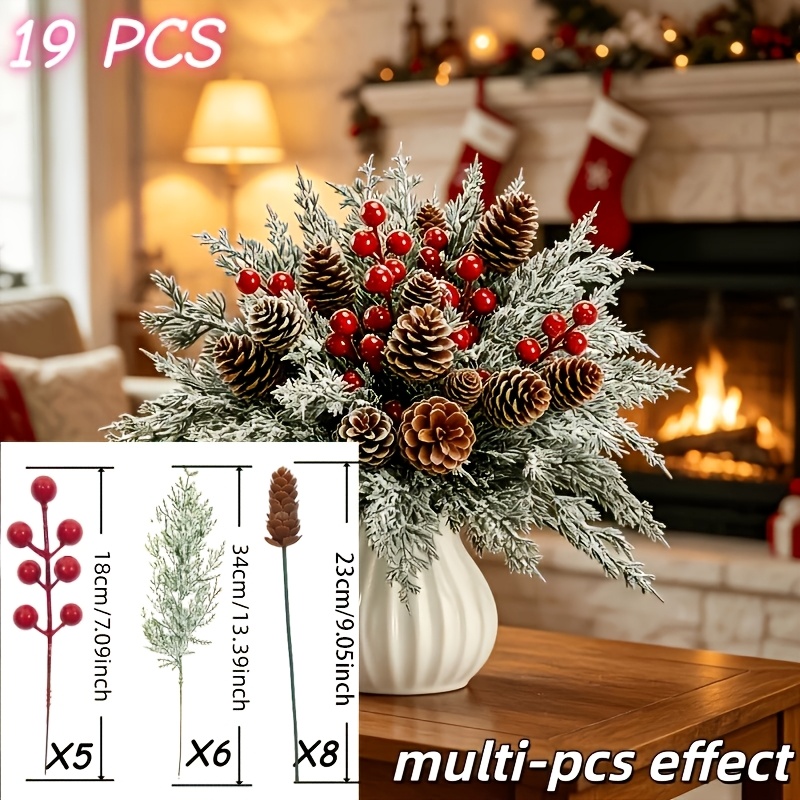 TEMU Arrangement de 19 pièces de rouges artificielles de Noël avec combinaison de cèdre et de , verdure artificielle pour décoration intérieure.